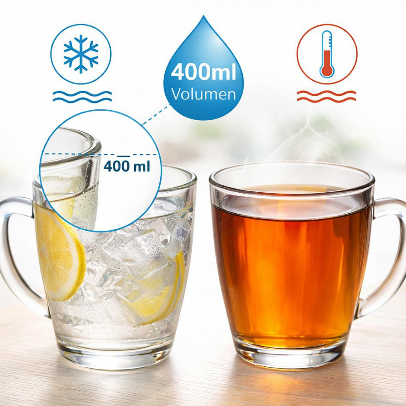 Koopman Tasse Teetasse Kaffeetasse Becher 400ml Transparent 6er Set, 6-tlg., Glas, Glas, 11,5x8cm, mit Henkel, Heißgetränke, Spülmaschinengeeugnet – Bild 5 von 5