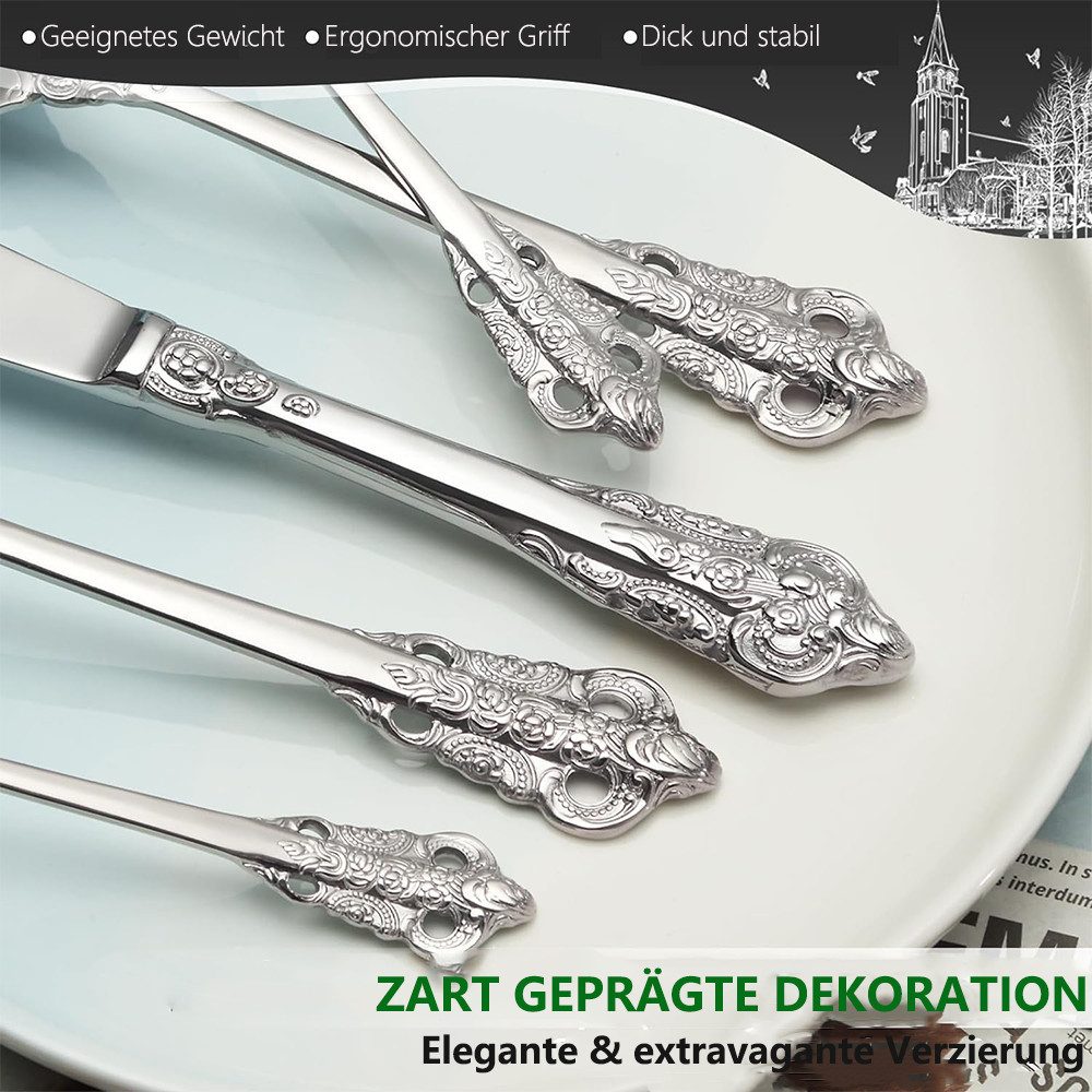 PFCTART Besteck-Set 24-teiliges Edelstahl Besteck Set in Silber für 6 Personen (24-tlg), 6 Personen, Bestehend aus Messer, Gabel, Löffel Teelöffel – Geschirrset, Geprägte Griffe im Palaststil · Rostfrei & spülmaschinenfest