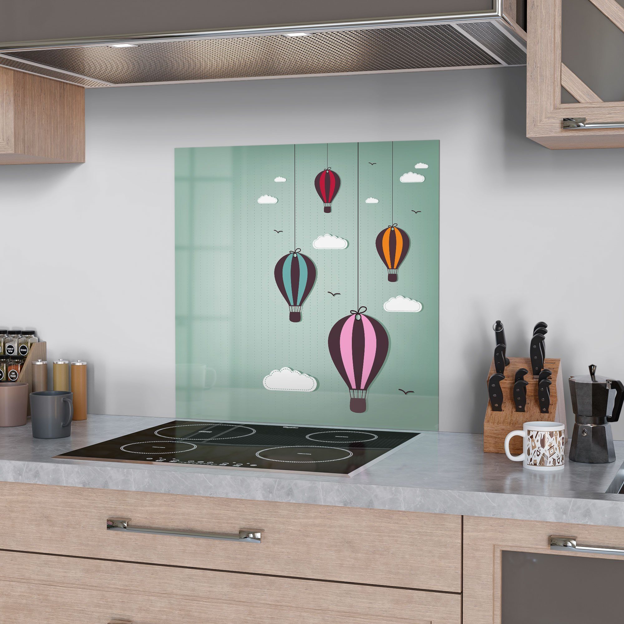 DEQORI Küchenrückwand 'Comic Heißluftballons', Herdblende Spritzschutz Badrückwand Glas
