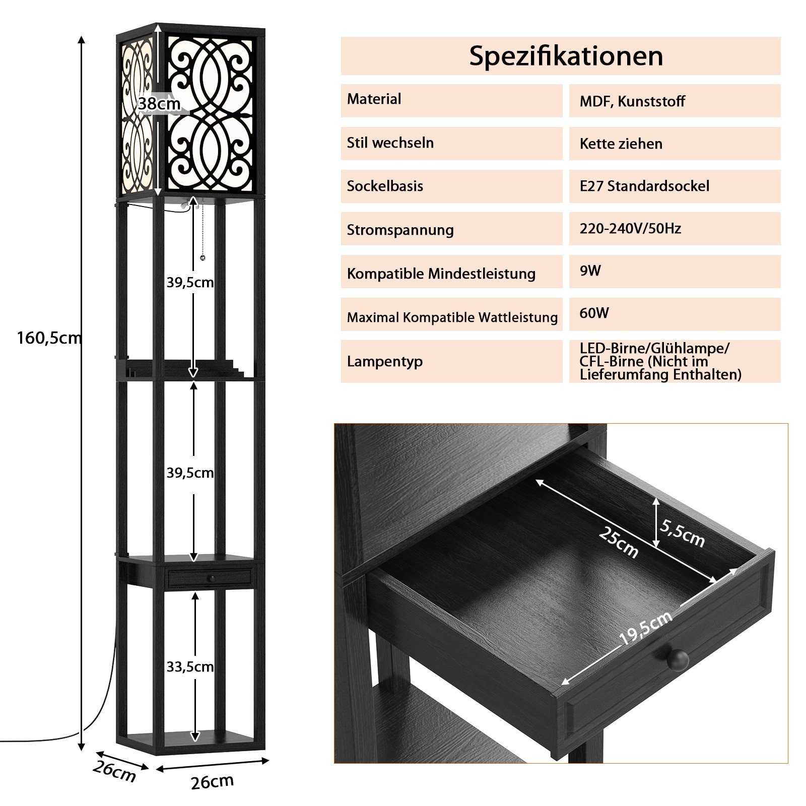 COSTWAY Stehlampe, ohne mit 160x26x26cm 3-Ebenen, Leuchtmittel, Warmweiß