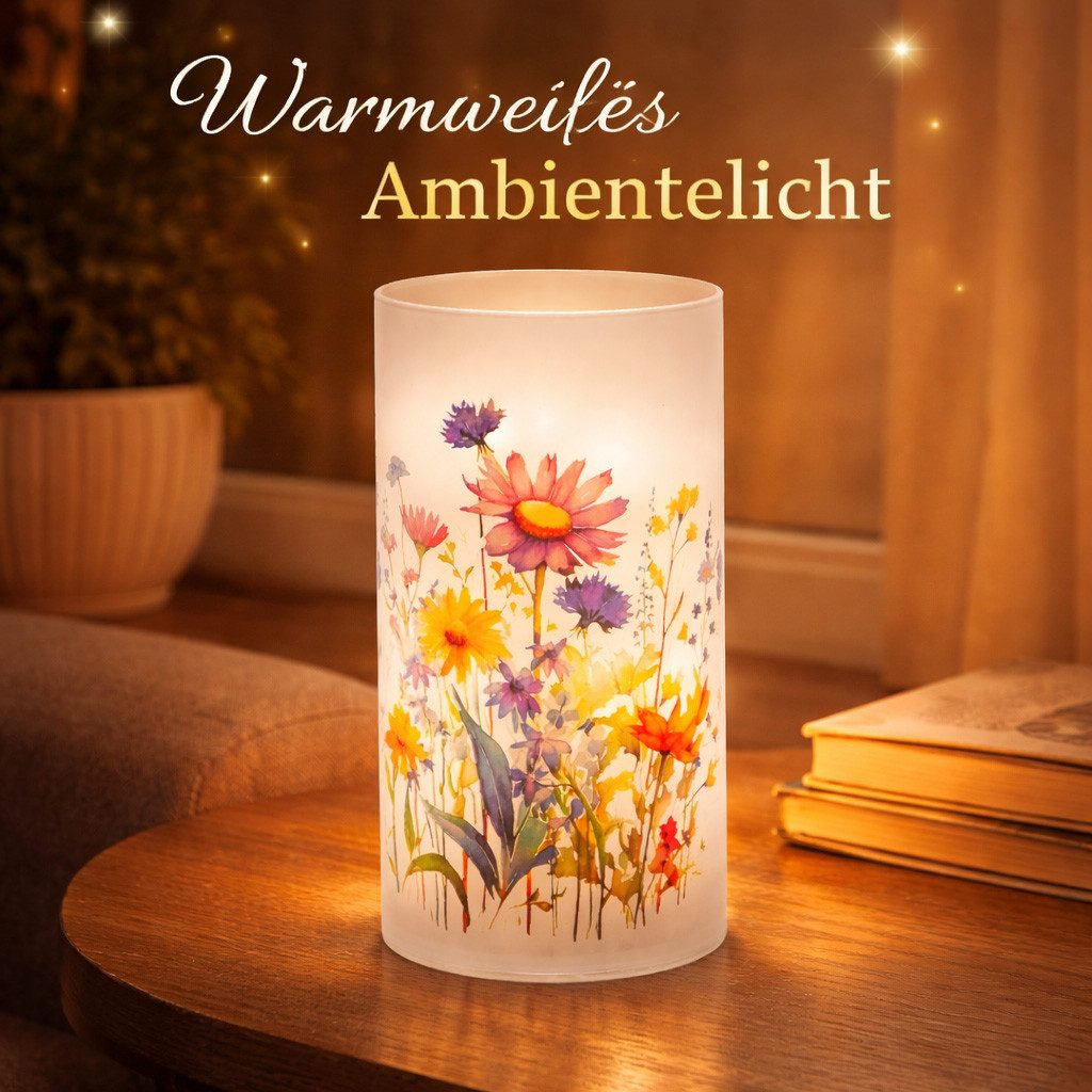 formano LED Dekolicht LED Deko Licht Wildblumen Zylinder Glas 20cm Blume Motiv Timer 6h/18h, LED fest integriert