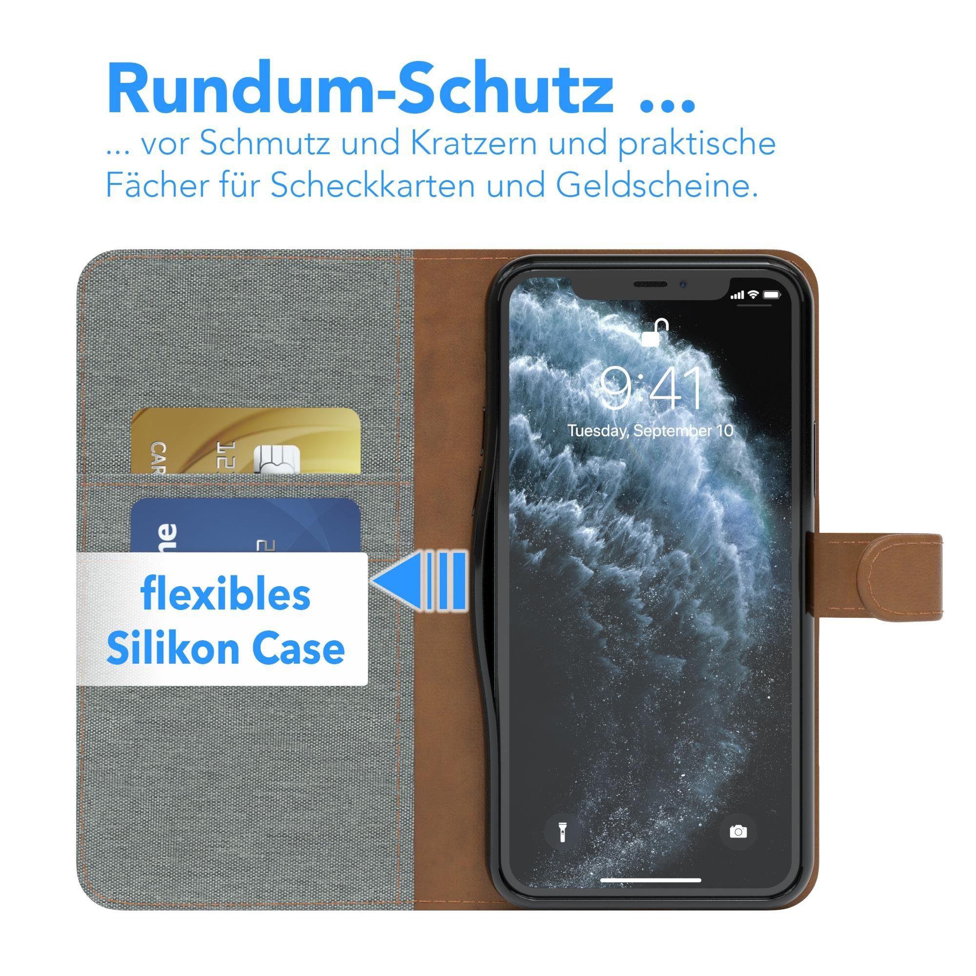 EAZY CASE Handyhülle Bookstyle Jeans für Apple iPhone 11 Pro 5,8 Zoll, Stoff Schutzhülle Kunstledercase mit Kartenfach Klappetui Hell Grau