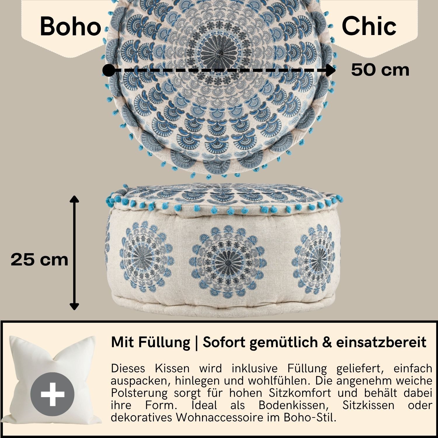 Marrakesch Orient & Mediterran Interior Pouf Pouf Garet Blau, runder Baumwoll-Sitzpouf bestickt 50x25 cm (1-St), Handarbeit