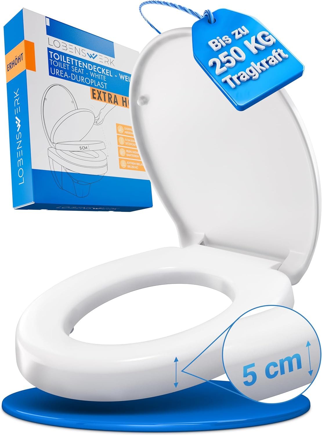 Lobenswerk Toilettensitzerhöhung Toilettendeckel mit Toilettensitzerhöhung [5 cm], für Senioren, Urea-Duroplast mit 250KG Tragkraft