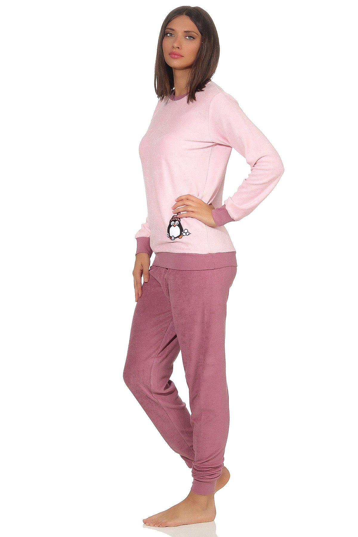 Normann Pyjama Damen Frottee Pyjama Motiv Bündchen langarm mit süßem Pinguin und rosa