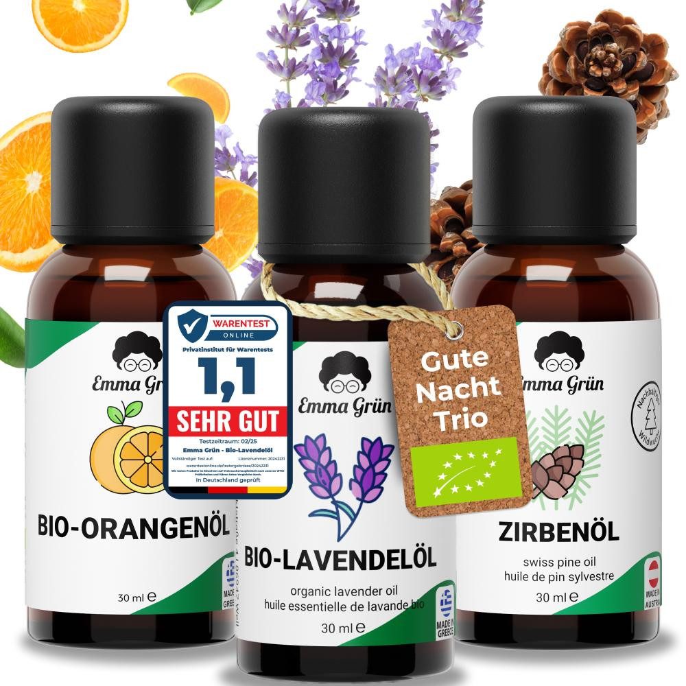 Emma Grün Duftöl Emma Grün® Gute Nacht Set mit Bio Orangen-, Lavendel- & Zirbenöl (Gute Nacht Set), Fruchtige, blumige & holzig-warme Aromen