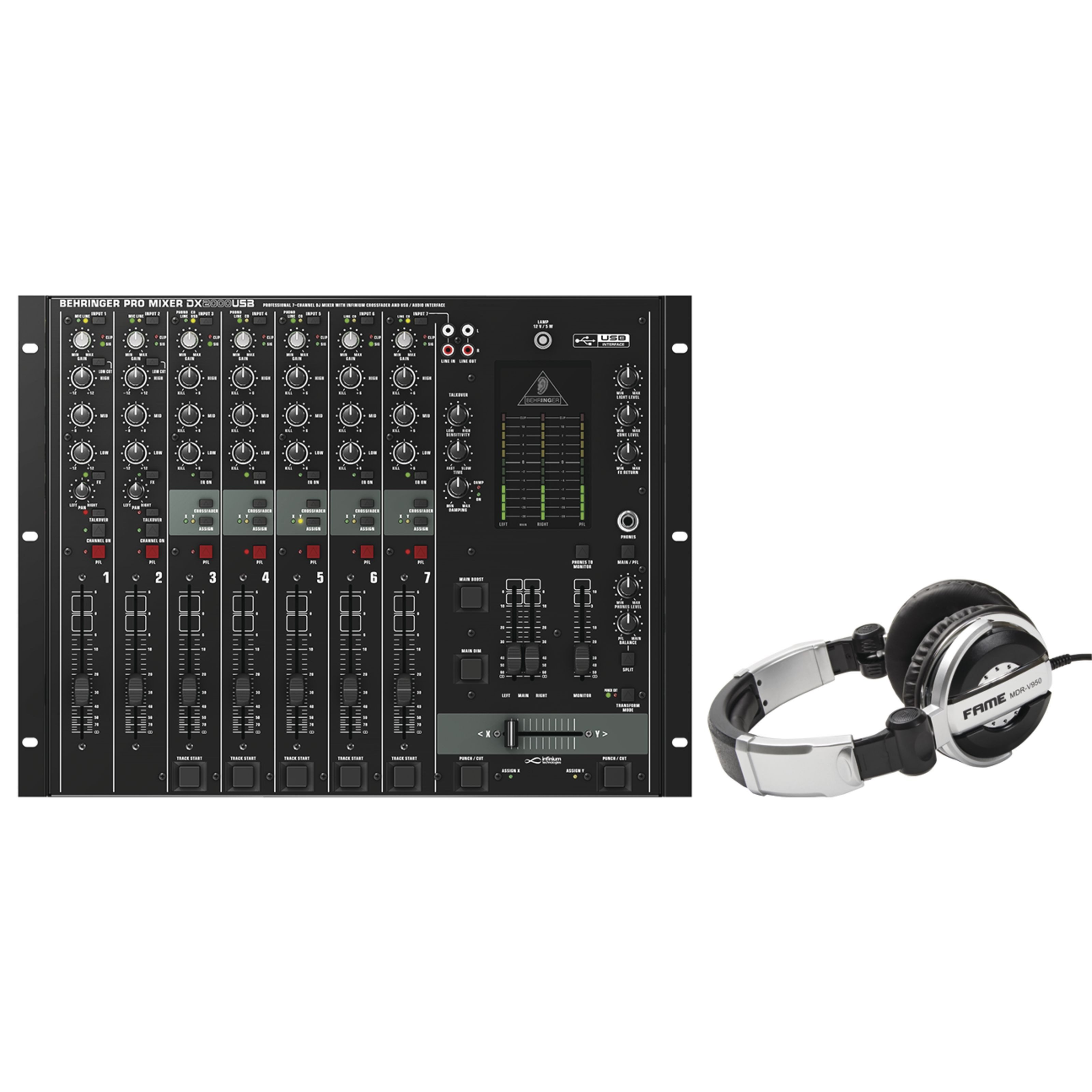 Behringer Mischpult, (DX2000USB DJ Clubmixer Set Schwarz mit 3-Band EQs 3 Phono Eingänge 2 Mikrofon Eingänge 7 Line Eingänge USB Anschluss Integriertes Audio Interface Austauschbarer Crossfader, DJ-Mixer, DJ-Clubmixer), DX2000USB + MDR-V 950 - DJ Mixer-Set