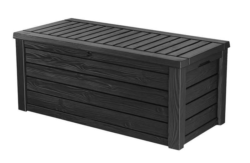 Keter Kissenbox Westwood Aufbewahrungsbox 568 Liter für Terrassenmöbel aus Kunststoff, Auflagenbox Gartenbox anthrazit Holz Optik mit Gasdruckfedern