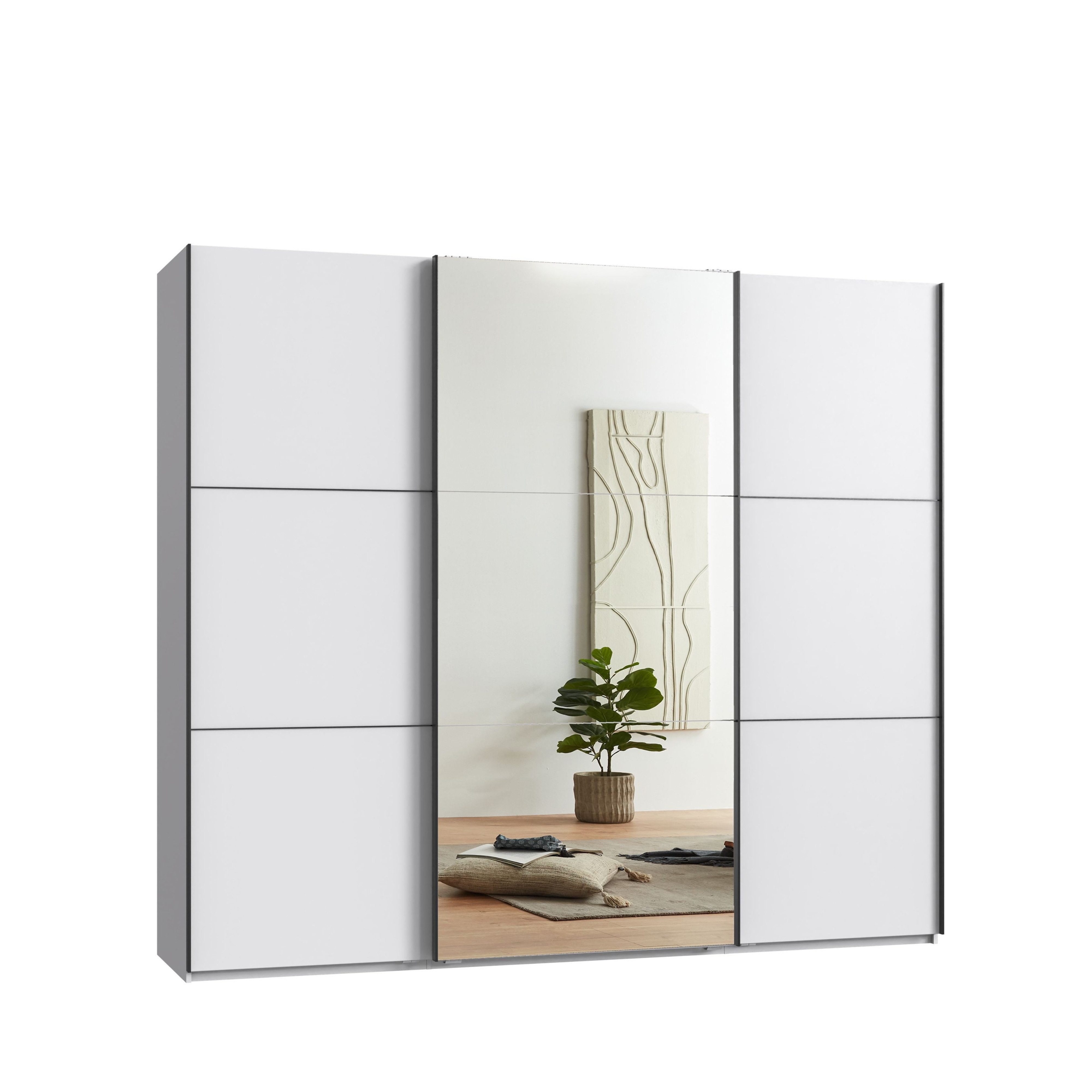 luma-home Schwebetürenschrank 22013 (3-türiger Kleiderschrank mit Vollausstattung als optimale Stauraumlösung) B250/H216/T65 cm in Weiß mit Spiegel und schwarzen Griffleisten