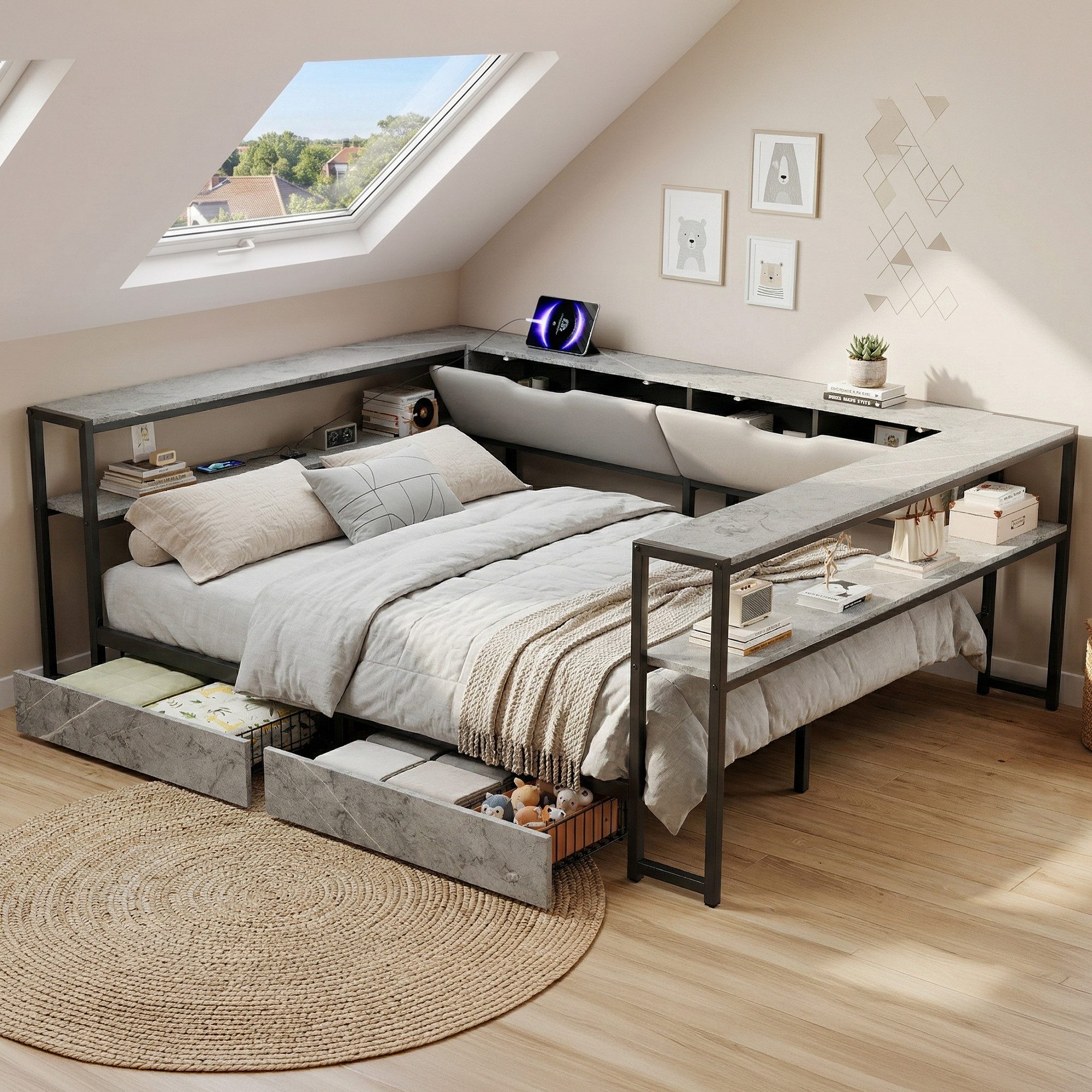 Flieks Kinderbett, Metallbett Daybett Schlafsofa 140x200cm mit 2 Schubladen & Aufladen