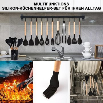 MODFU Kochbesteck-Set 12er Set Küchenhelfer Küchengerät Küchenutensilien Kochutensilien (mit Hitzebeständigem Holzgriff und Aufhängeschlaufe, 12-tlg., Silikon, Kochbesteck, BPA-frei, Küchen Utensil Set), Küchen Kochgeschirr für Kochen Braten Schöpfen Mischen und Backen usw