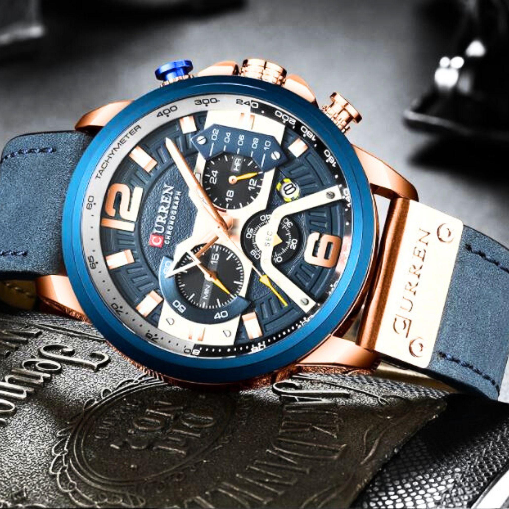 Manike Quarzuhr englischer Chronograph (Spar Roségold mit Chronographenuhr, Set, deutscher Sekundenzifferblatt und Herren-Uhren Analog 8329, blau Chronograph - kleines Quarzuhr Anleitung)