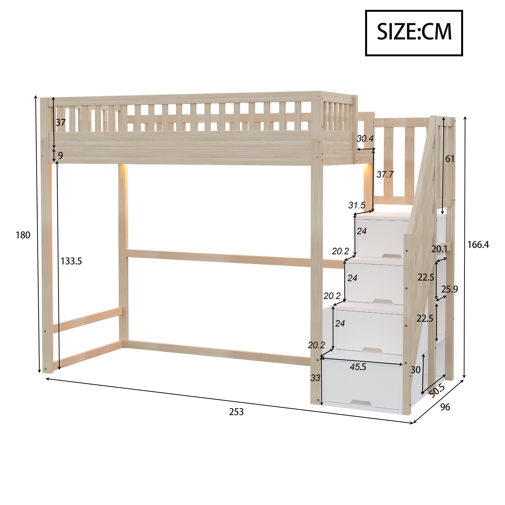 Odikalo Hochbett Hochbett mit Stauraum & Treppe, Weißes Holzbett aus Massiver Kiefer (Hochbett 140x200 / 90x200 cm mit Sicherheitsaufbewahrungsleiter, Sicherhei – Bild 5 von 5