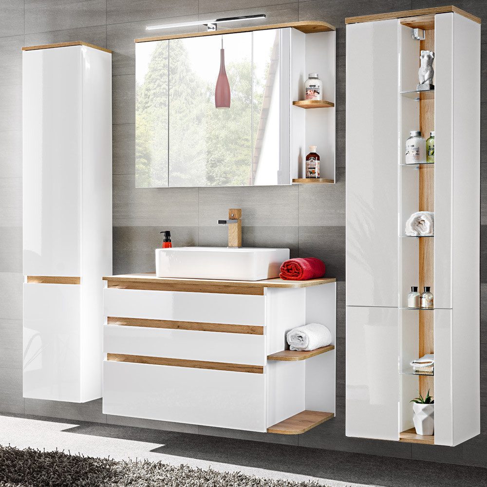 Lomadox Badmöbel-Set CAMPOS-56, (Spar-Set, 6-St), weiß mit Wotaneiche 2 Hoc günstig online kaufen