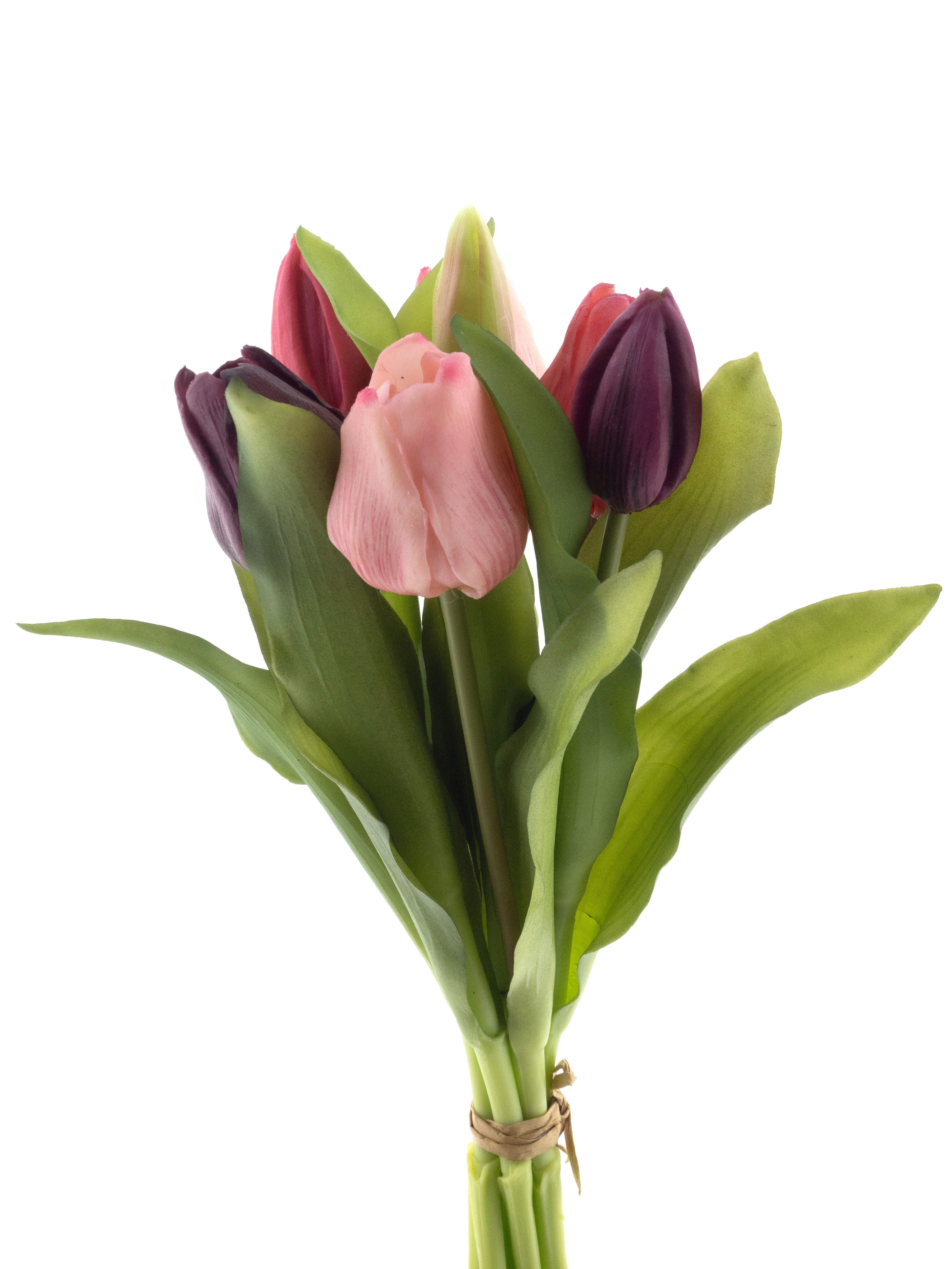 Kunsttulpe mit 4 Tulpen und 3 Tulpenknospen ca. 32cm künstliche Tulpen Tulpenbündel, mucPlants, real Touch
