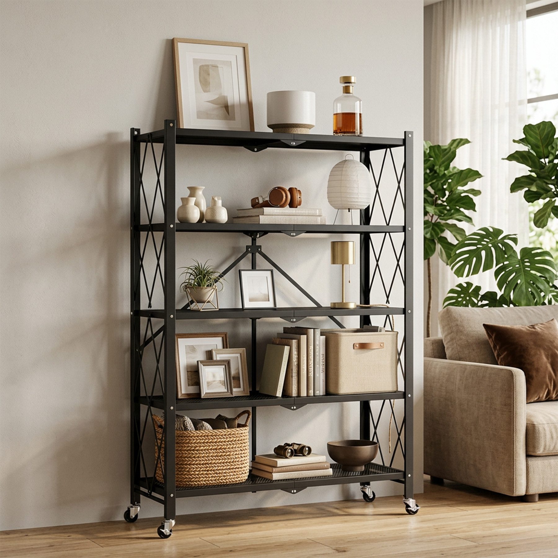 HomeMiYN Mehrzweckregal Klappregal mit Rollen Bücher Küchenregal PlatzsparendSchnell aufgebaut