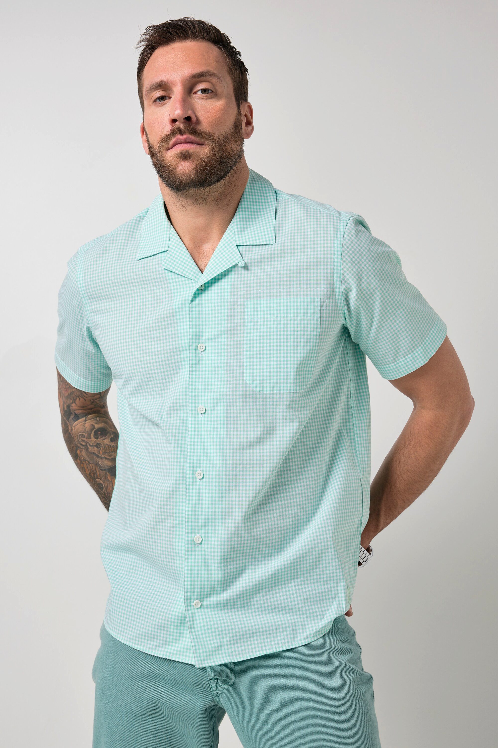 Kurzarmhemd Karohemd Halbarm Cuba-Kragen Cuba Fit bis 8 XL
