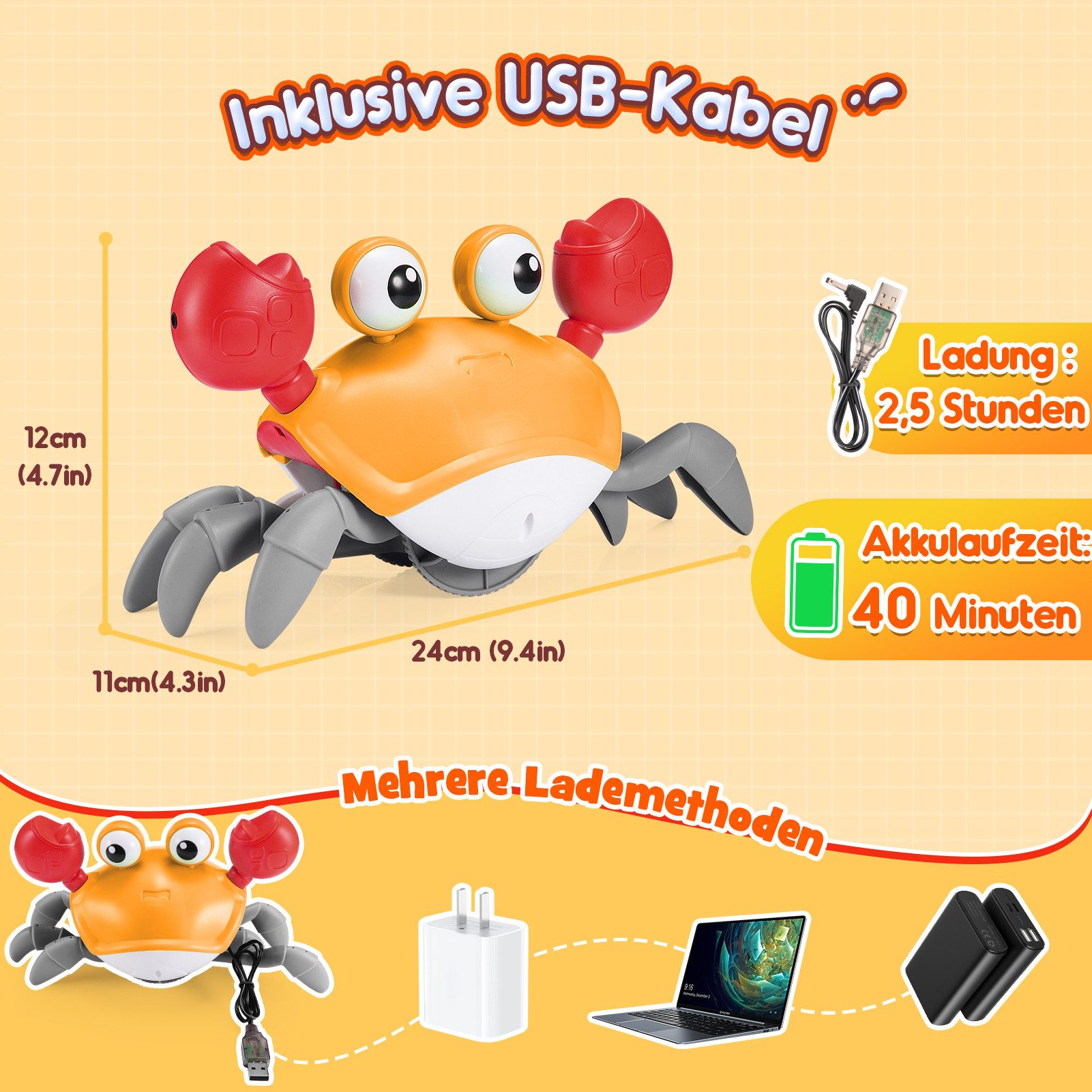 Wootoy Lernspielzeug Interaktives Krabben-Spielzeug mit Licht und Musik Babyspielzeug (Interaktives Spielzeug für Babys Kinder und gemeinsame Familienmomente, 1-St., Seitwärts krabbelnde Bewegung mit Soundeffekten), Montessori-Spielzeug Aktivitätsspielzeug