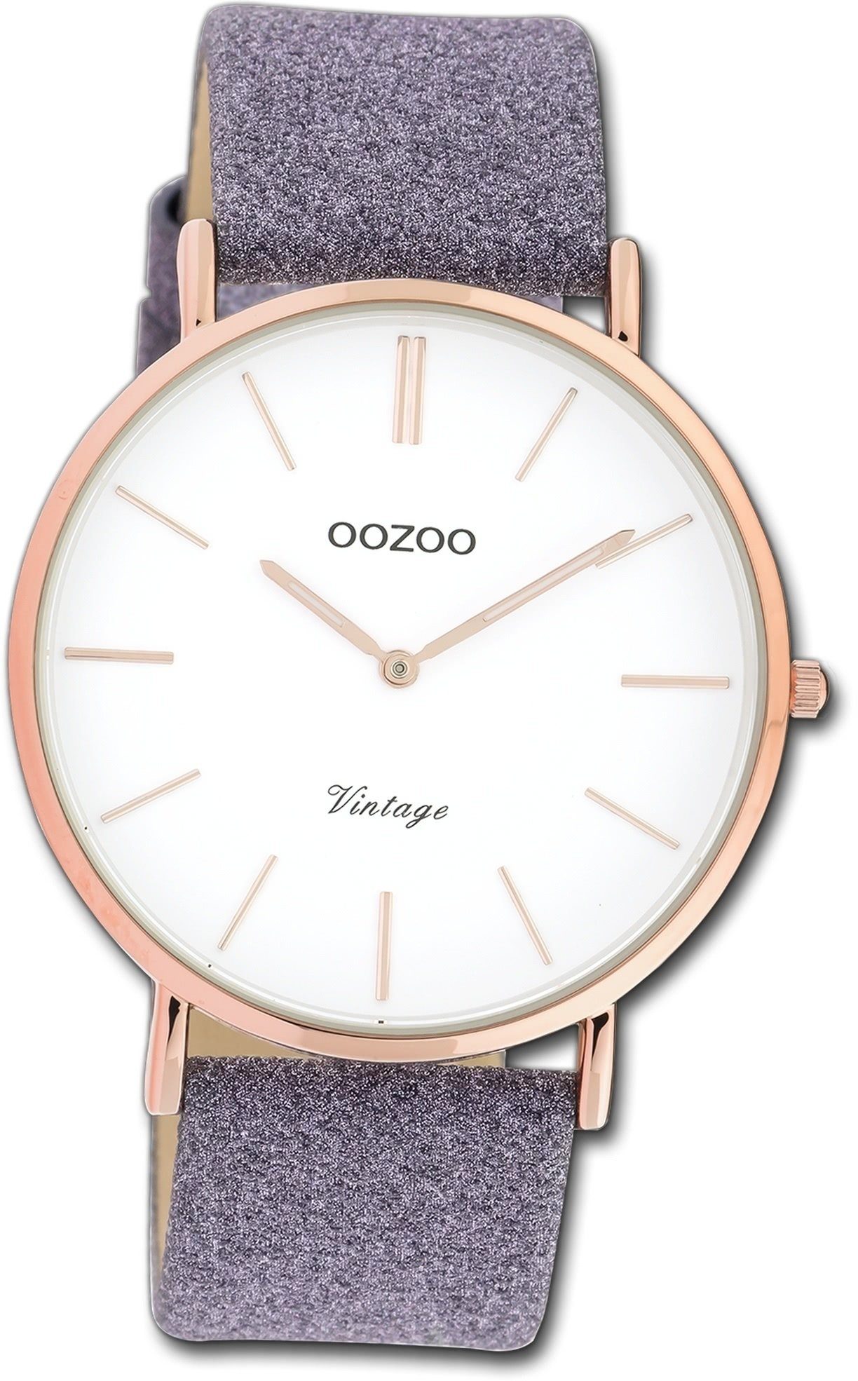 OOZOO Quarzuhr Oozoo Damen Armbanduhr Ultra Slim, Damenuhr Lederarmband violett, rundes Gehäuse, groß (ca. 40mm)