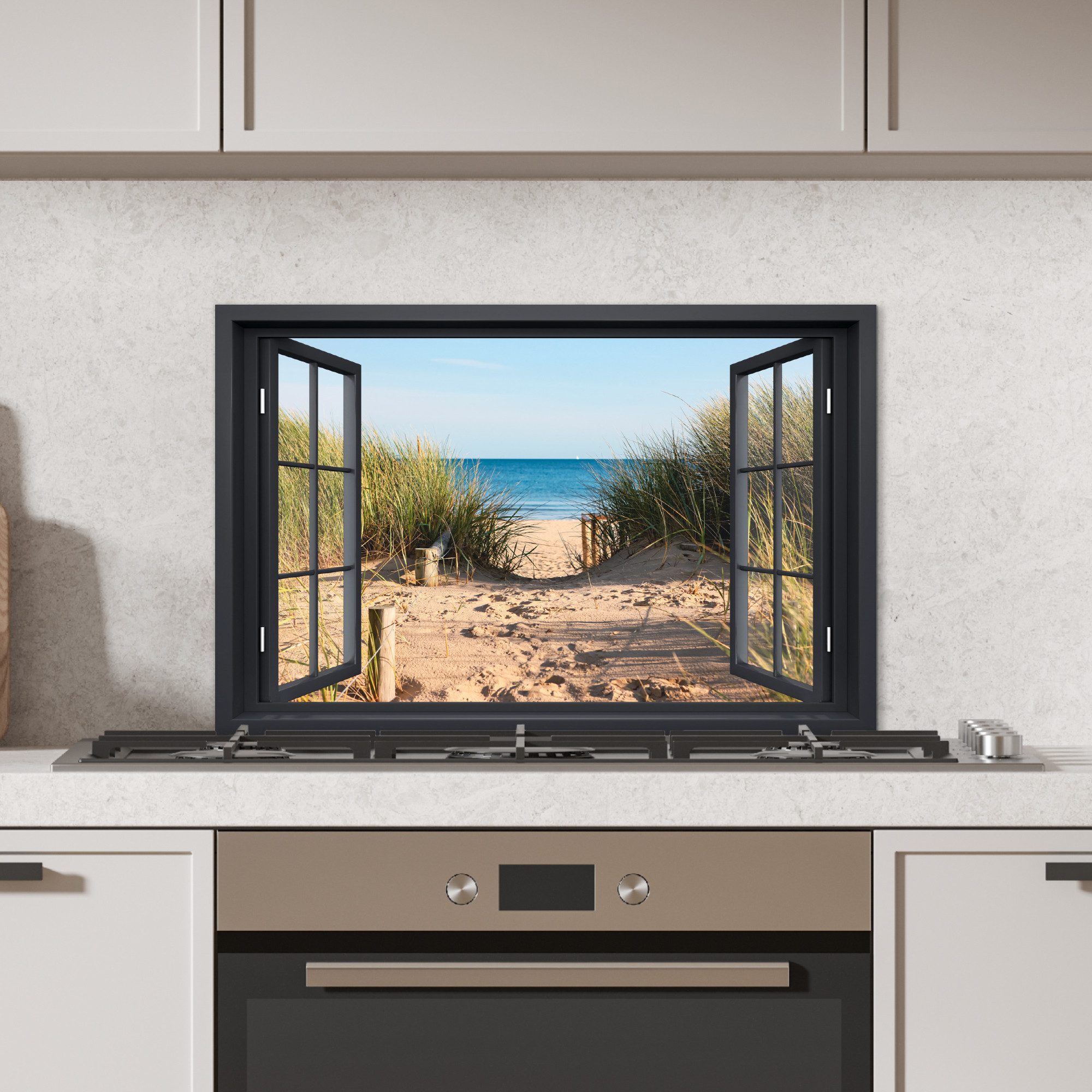 KitchenYeah Küchenrückwand Durchblick - Strand - Meer - Sand - Wasser - Strandhafer - Dünen, (1-tlg), Spritzschutz Küche, Küchendeko, 60x40 cm