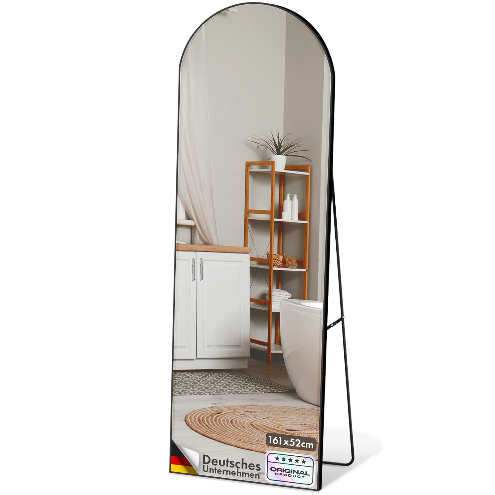 Floordirekt Ganzkörperspiegel Madison mit Bruchsicherem Glas, Freistehend oder Wandmontage (mit Aluminiumrahmen), Anti-Glassplitter-Sicherheitsfolie, mit Standfuß & Bogen, ohne Montage