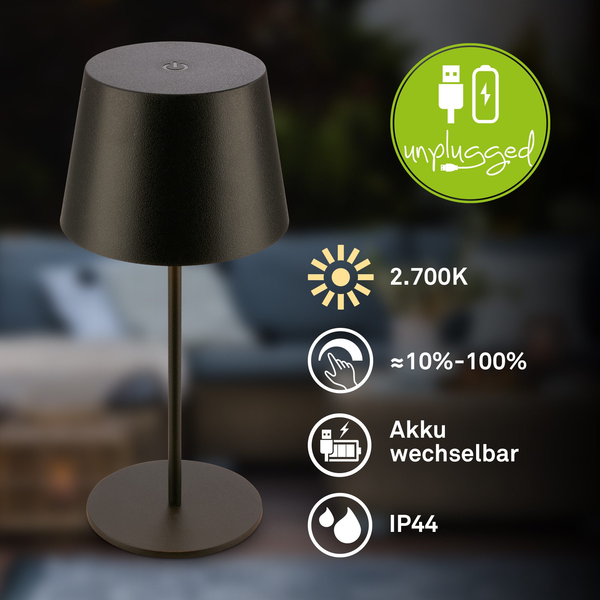 Briloner Leuchten Tischleuchte LED Tischlampe kabellos akku dimmbar In-/Outdoor Wohnzimmer, Einzelpack, LED fest integriert, 3.000K - Warmweiß, mit Akku, In-/Outdoor, USB-C, warmweiß, IP44, weiß, 35 cm