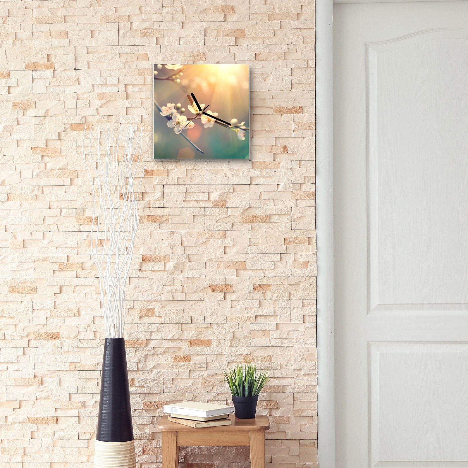 Wandkunst Blütenzweig Primedeco x im 30 Motiv Wanduhr Sonnenschein 30 Wanduhr mit Größe Glasuhr cm