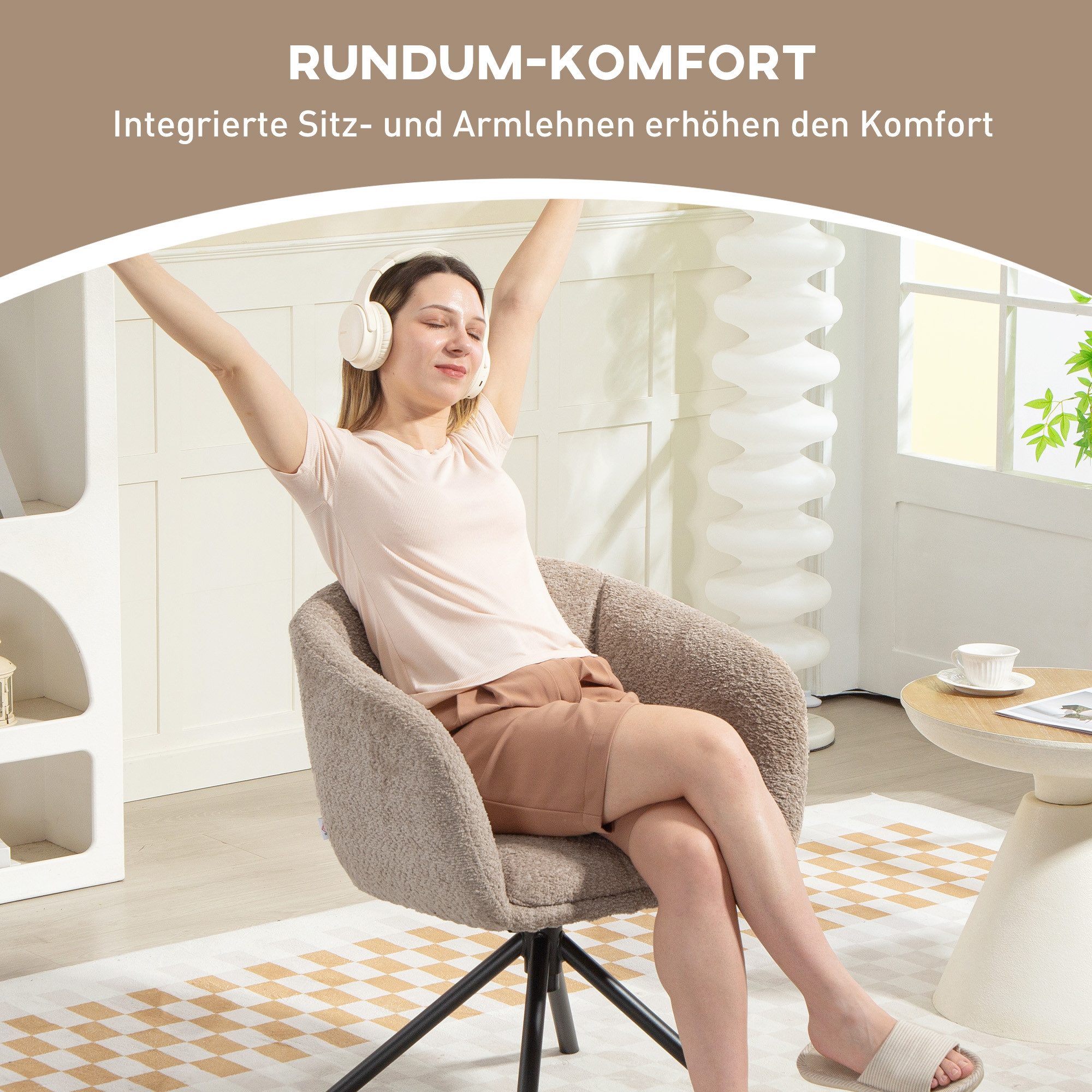 HOMCOM Relaxsessel Sessel Loungesessel mit Metallbeine Lesesessel mit Chenille-Optik (Polsterstuhl mit bequemer Sitzschale, 1-St., Drehbarer Akzentstuhl), kusch – Bild 5 von 5