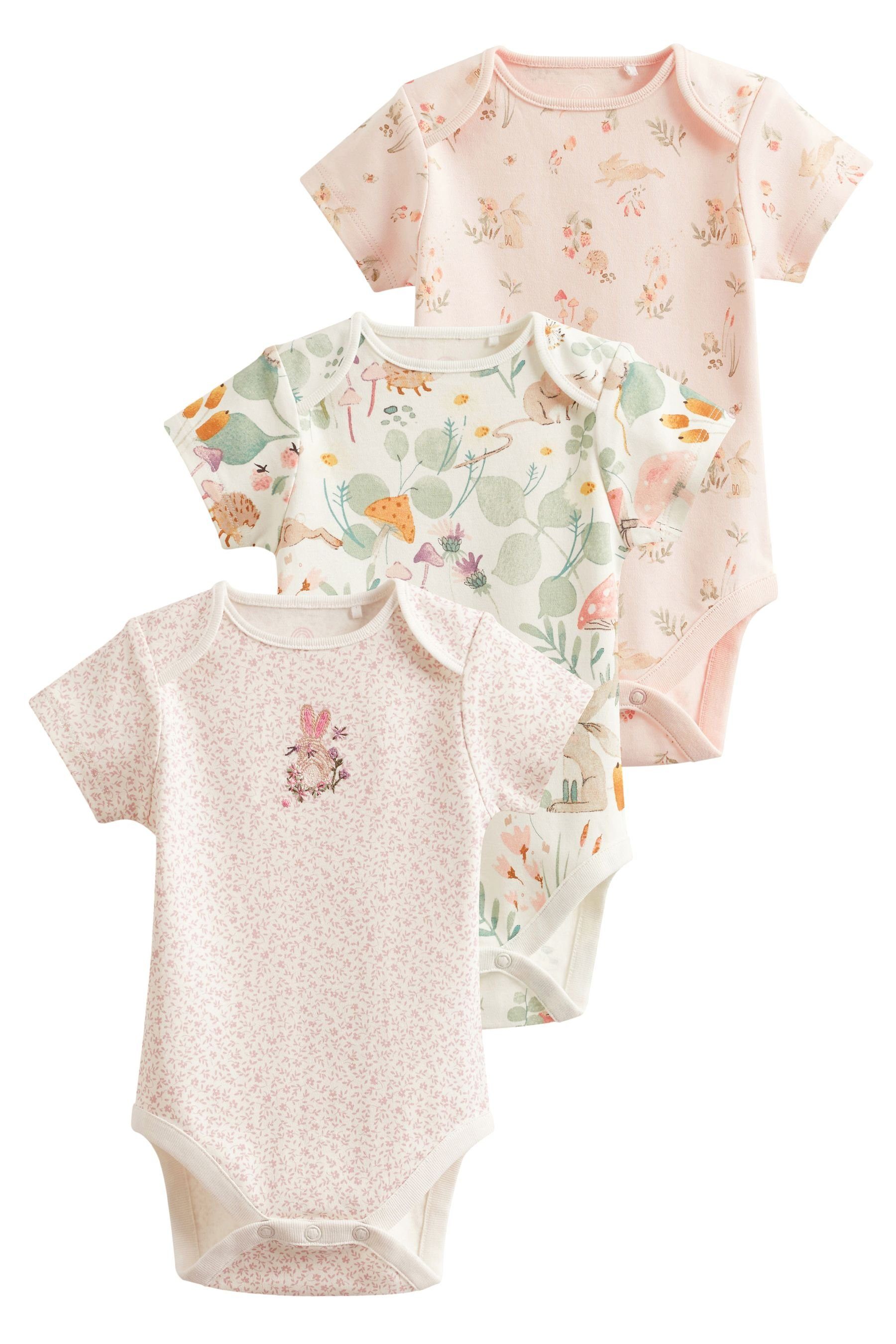 Next Kurzarmbody Kurzärmeliger 3er-Pack Pale Bunny Pink Babybody, Floral (3-tlg)