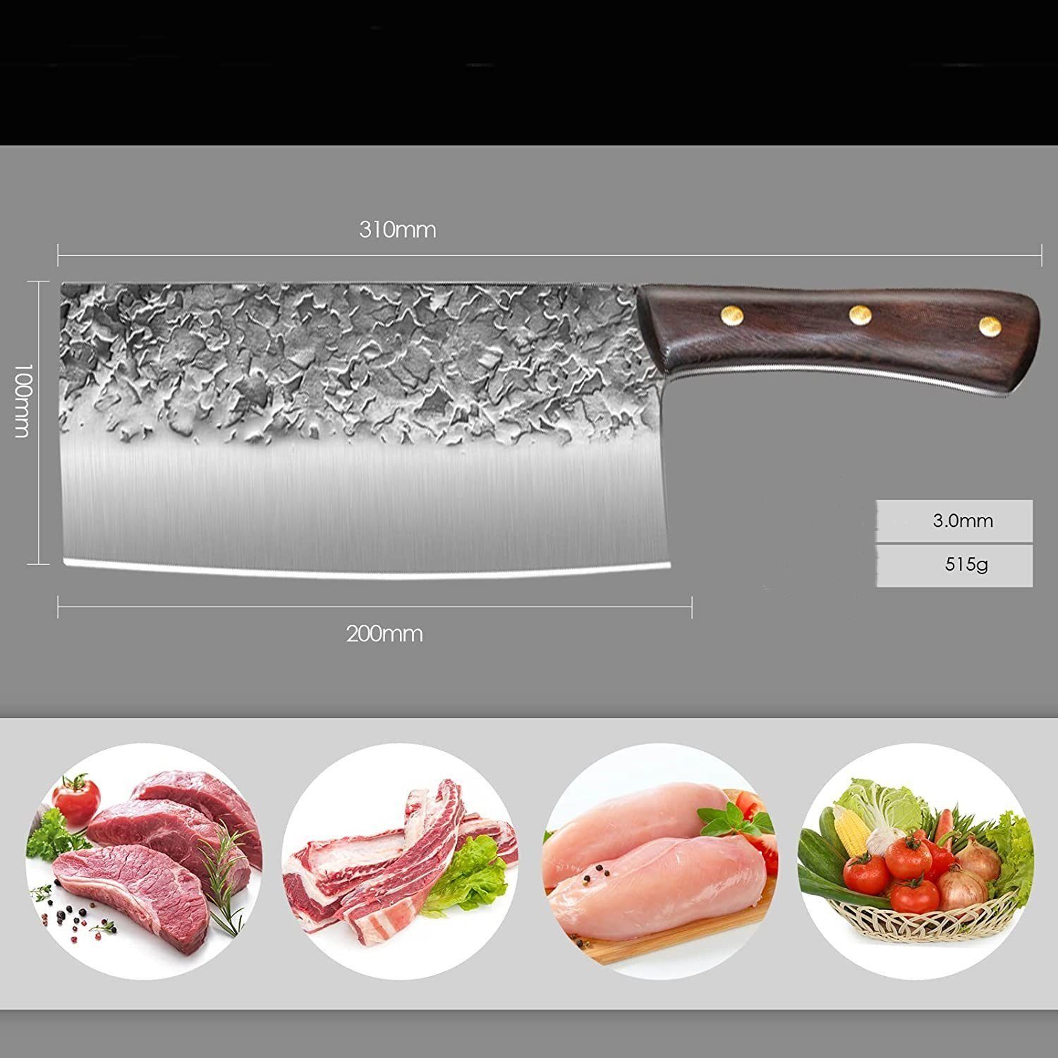 KingLux Hackmesser Handgeschmiedetes Chinesisches Küchenmesser Metzgermesser, Deutscher Edelstahl, Ergonomisch geformt, Holzgriff