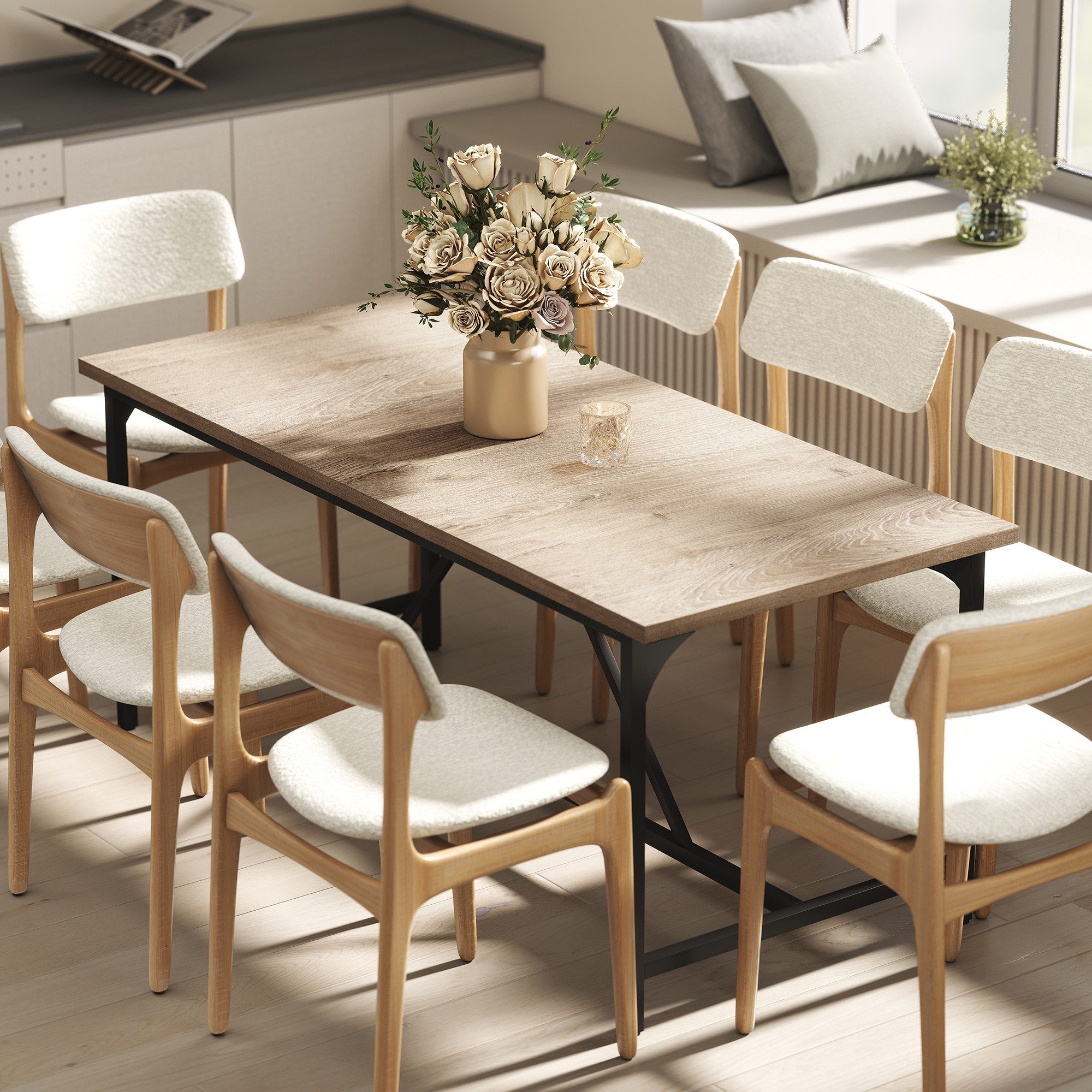 HOMCOM Esstisch Küchentisch für 6-8 Personen, Rechteckig, 3cm Tischplatte, Schwarz (Esszimmertisch, 1-St., Küchentisch), Große Tischplatte, Holzoptik, Metallgestell