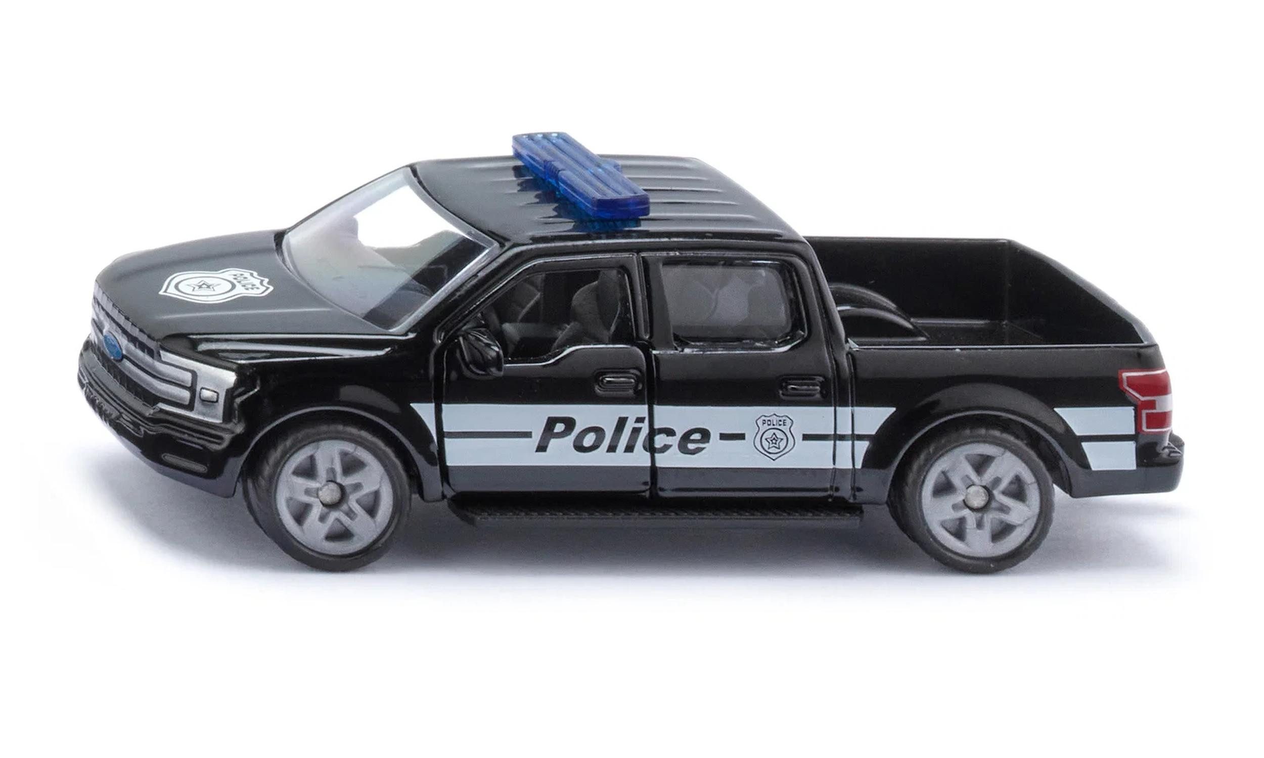 Siku Spielzeug-Auto Polizei-Pick-up mit Anhängerkupplung und Ladefläche, Türen zum Öffnen, Anhängerkupplung, Blaulicht
