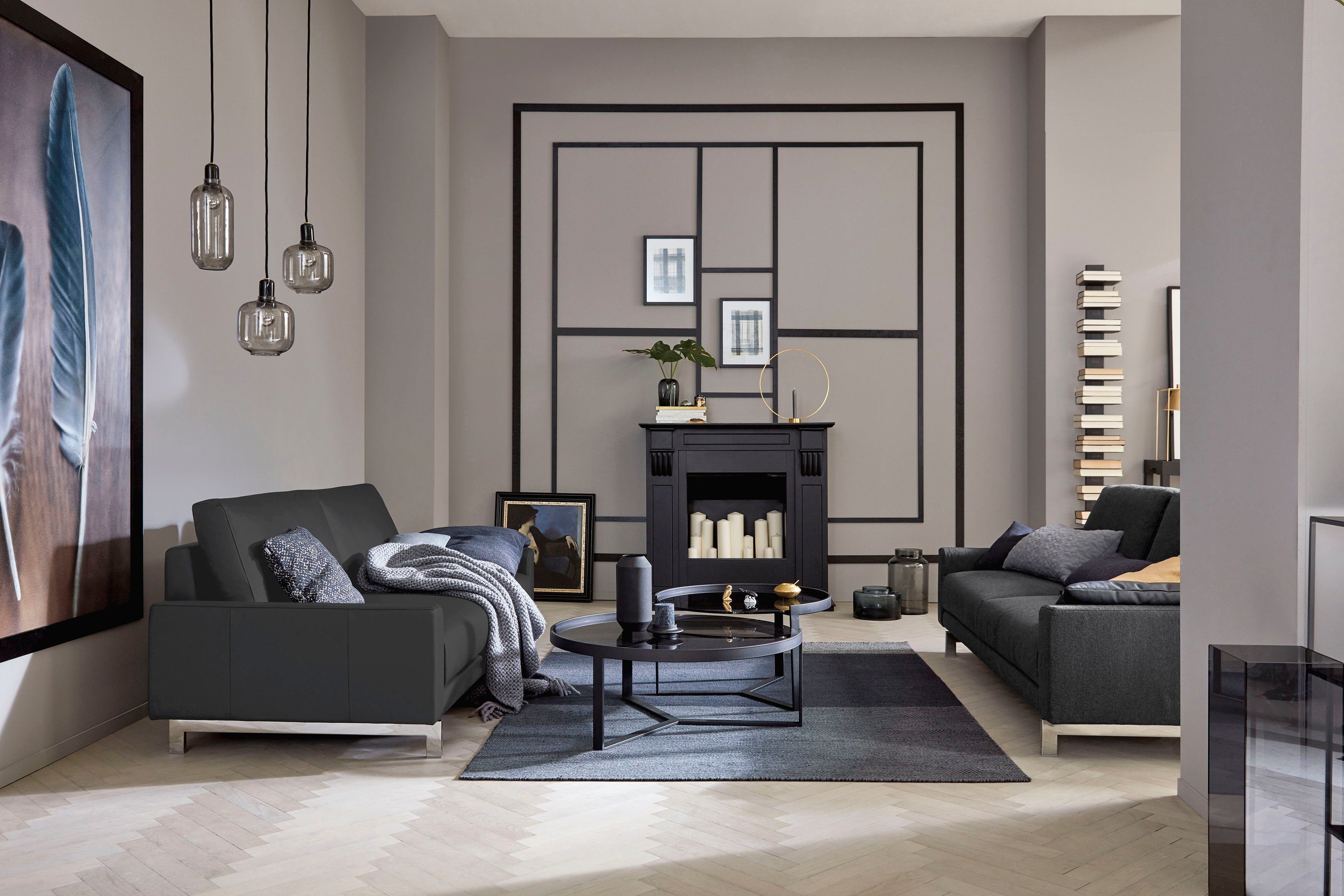 hülsta hs.450, chromfarben Breite 2-Sitzer sofa niedrig, Fuß Armlehne glänzend, 164 cm