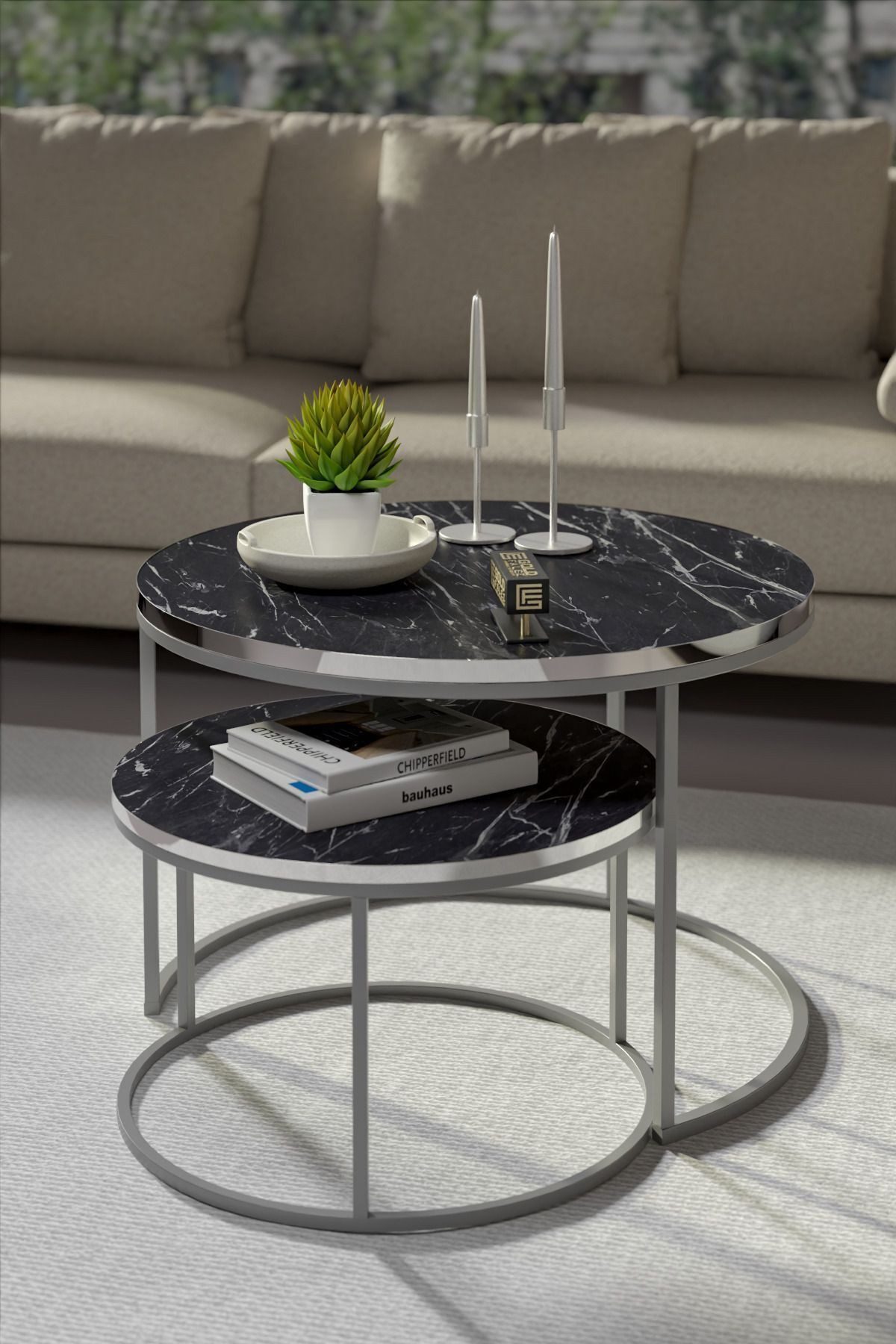 en.casa Couchtisch (2-St), 2er-Set, rund, Marmoroptik Schwarz 89321755 günstig online kaufen