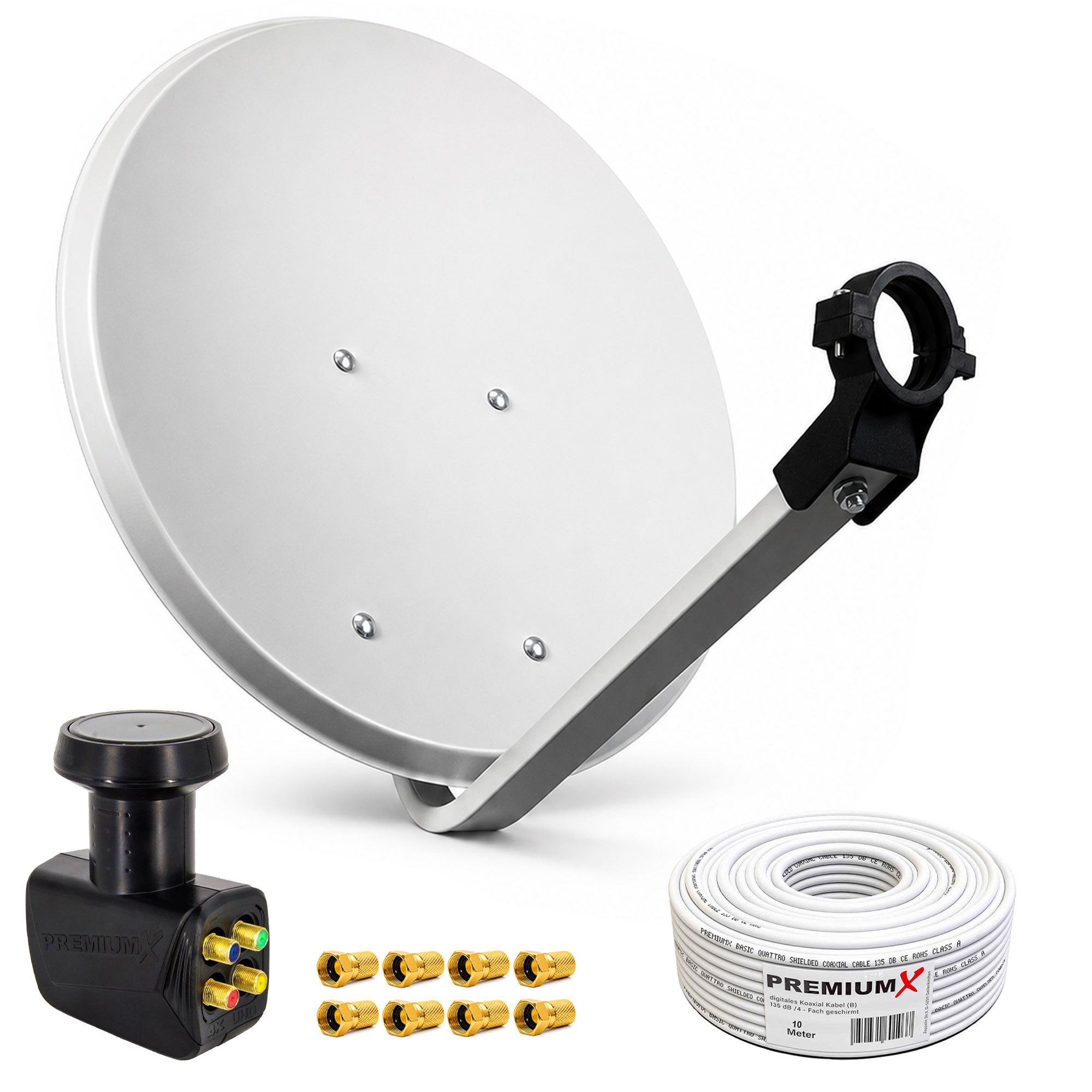 PremiumX SAT Anlage 80cm Antenne Quad LNB 10m Kabel 8x F-Stecker SAT-Antenne