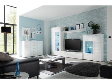 möbelando Wohnwand New Jersey, (4-St), Moderne Wohnwand, Korpus aus Spanplatte in Weiß, Front aus MDF in Weiß Hochglanz, bestehend aus 1 Vitrine, 1 TV-Lowboard, 1 Highboard und 1 Wandboard, inkl. LED-Beleuchtung. Stellmaß ca. Breite 320 cm, Höhe 194 cm, Tiefe 39,6 cm