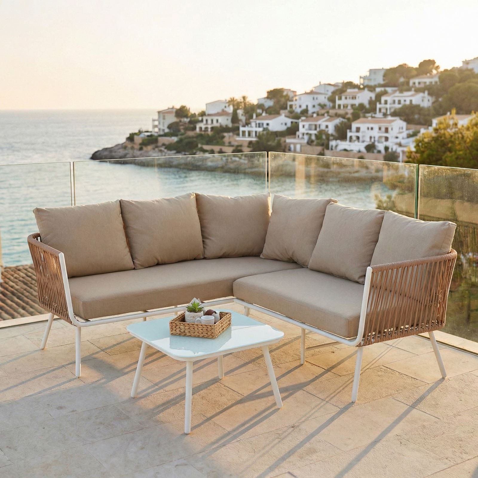 IDIMEX Gartenlounge-Set JAKARTA, Balkon Lounge Set klein Ecklounge mit Beistelltisch weiß/beige