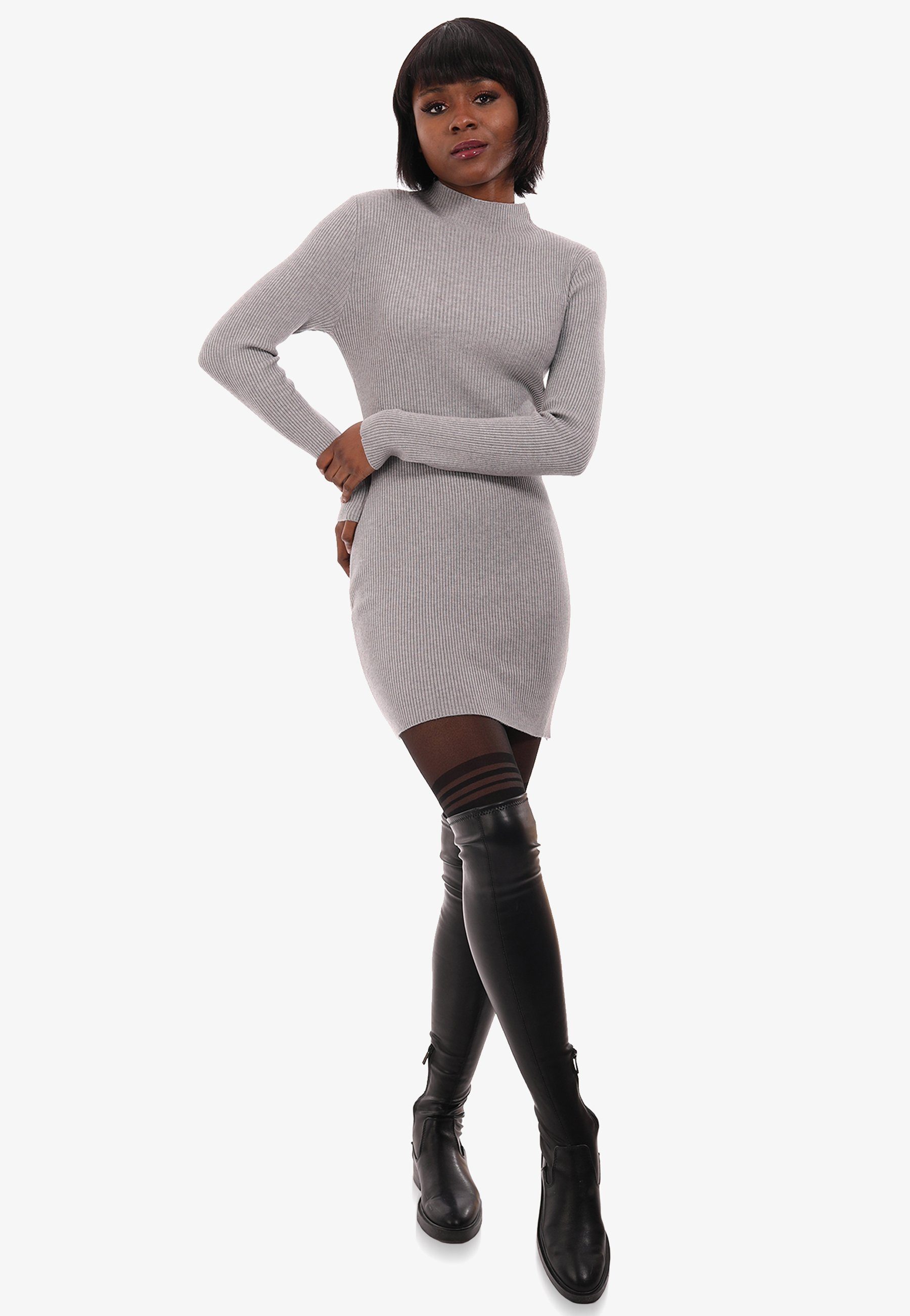 grau Basic YC Pullover in mit Unifarbe, Style aus Longpullover Fashion Rippstrick & Stehkragen (1-tlg)