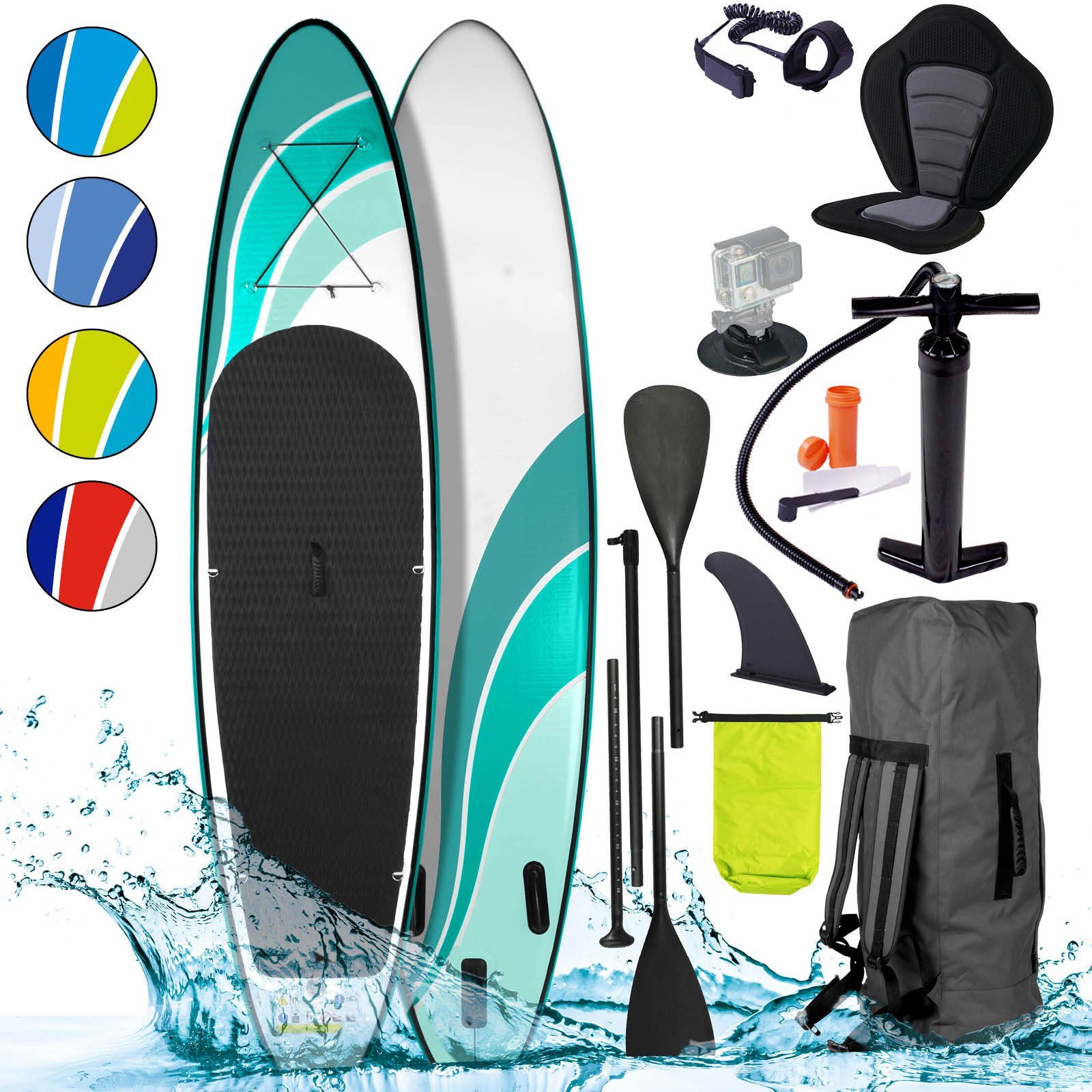 BRAST SUP-Board Wave Design Aufblasbares Stand up Paddle Set 300-365cm, (5  Jahre Garantie inkl. Sonderzubehör, 2in1 Paddel Kajak-Sitz  Action-Cam-Halterung), Fußschlaufe Paddel Pumpe Rucksack