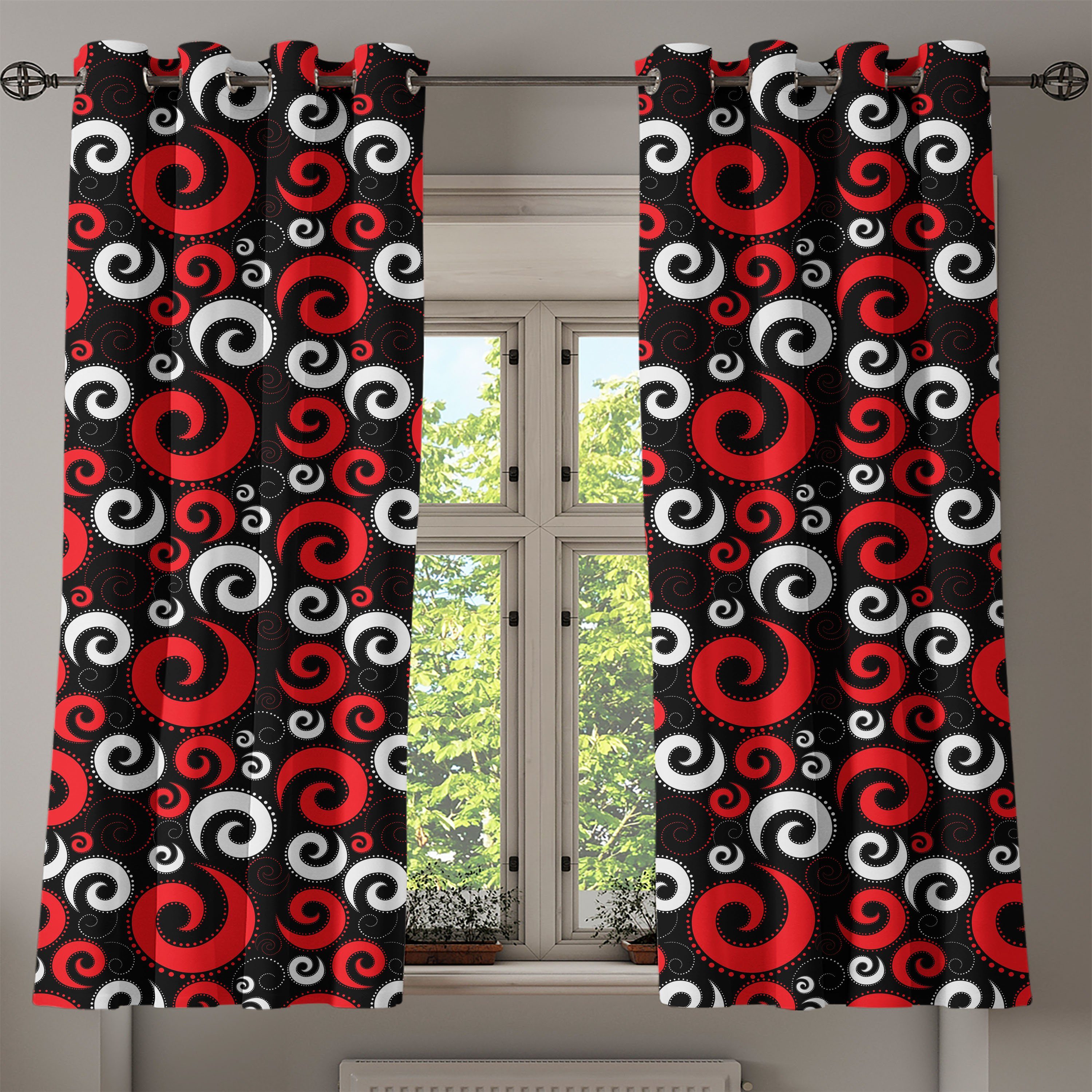 Gardine Dekorative 2-Panel-Fenstervorhänge für Schwarz Wohnzimmer, Spiralen Rot Punkte Abakuhaus, und und Schlafzimmer