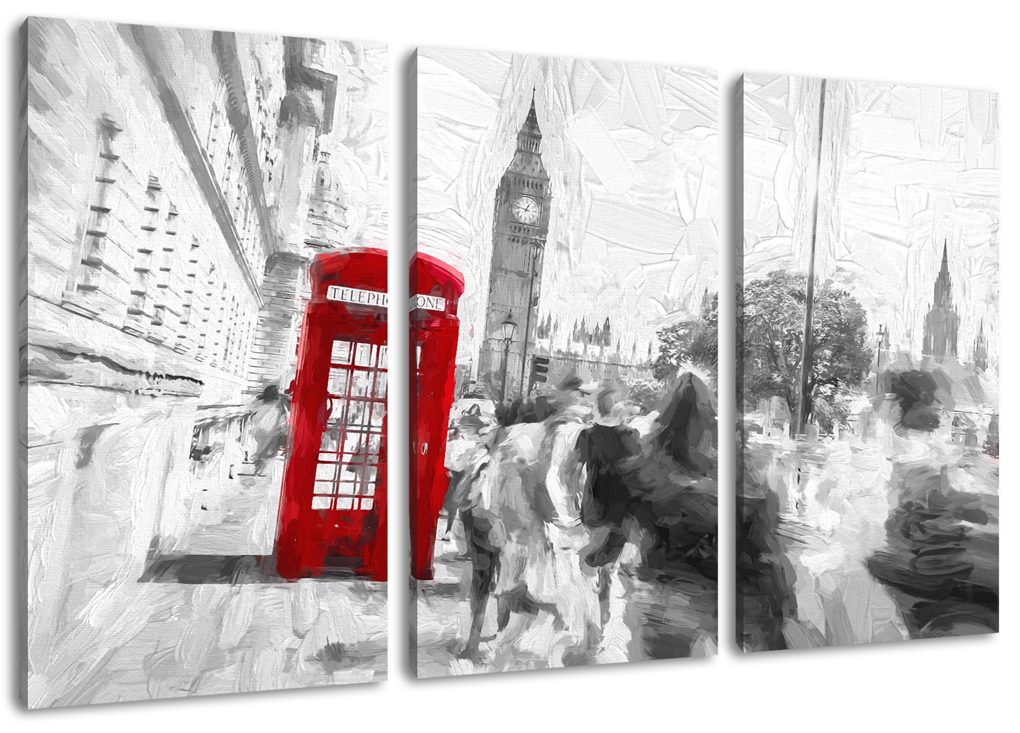Pixxprint Leinwandbild Telefonzelle in London, Telefonzelle in London 3Teiler (120x80cm) (1 St), Leinwandbild fertig bespannt, inkl. Zackenaufhänger