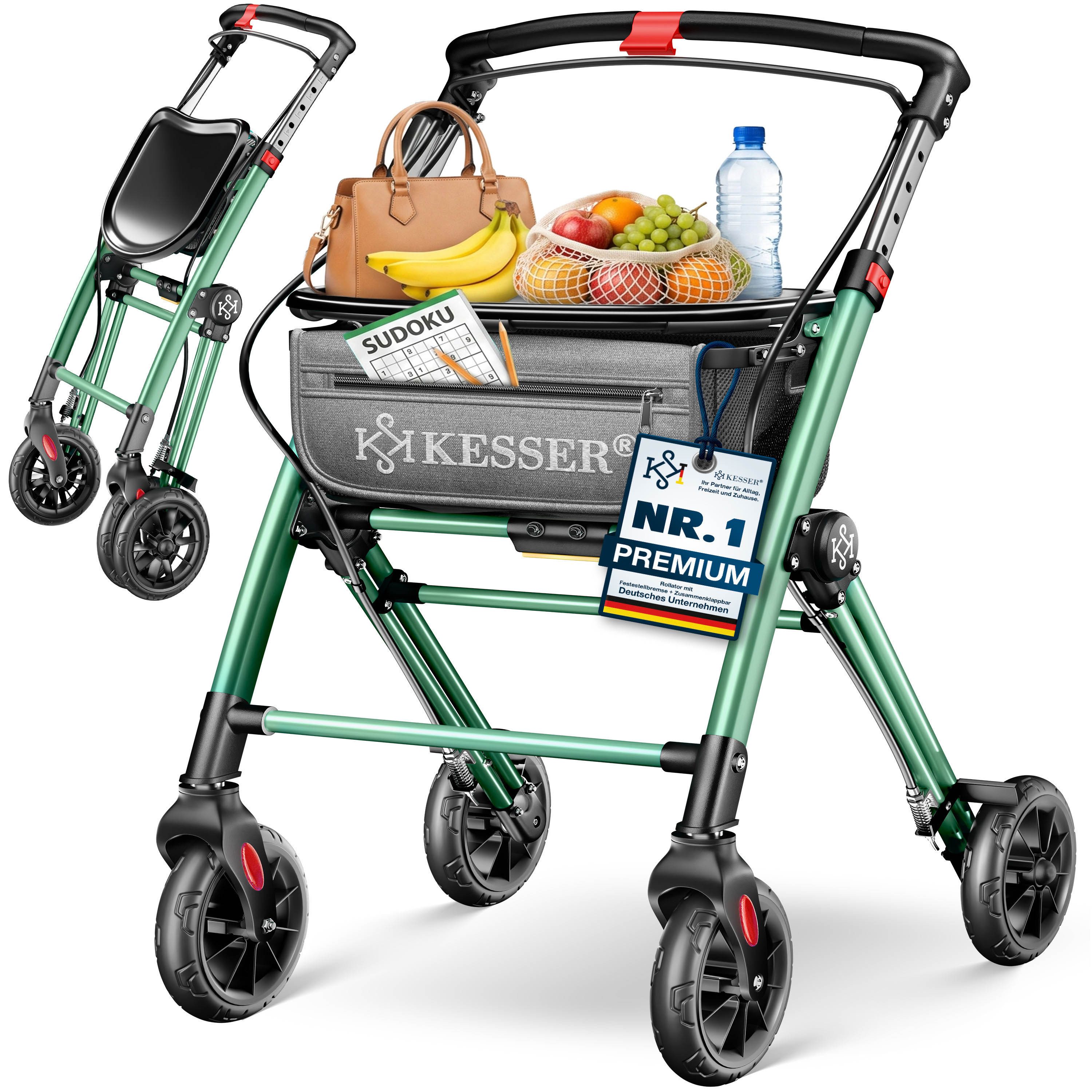 KESSER Rollator Aluminium, leicht, klappbar & schmal, ideal für Wohnung, höhenverstellbar & bis 100 kg belastbar