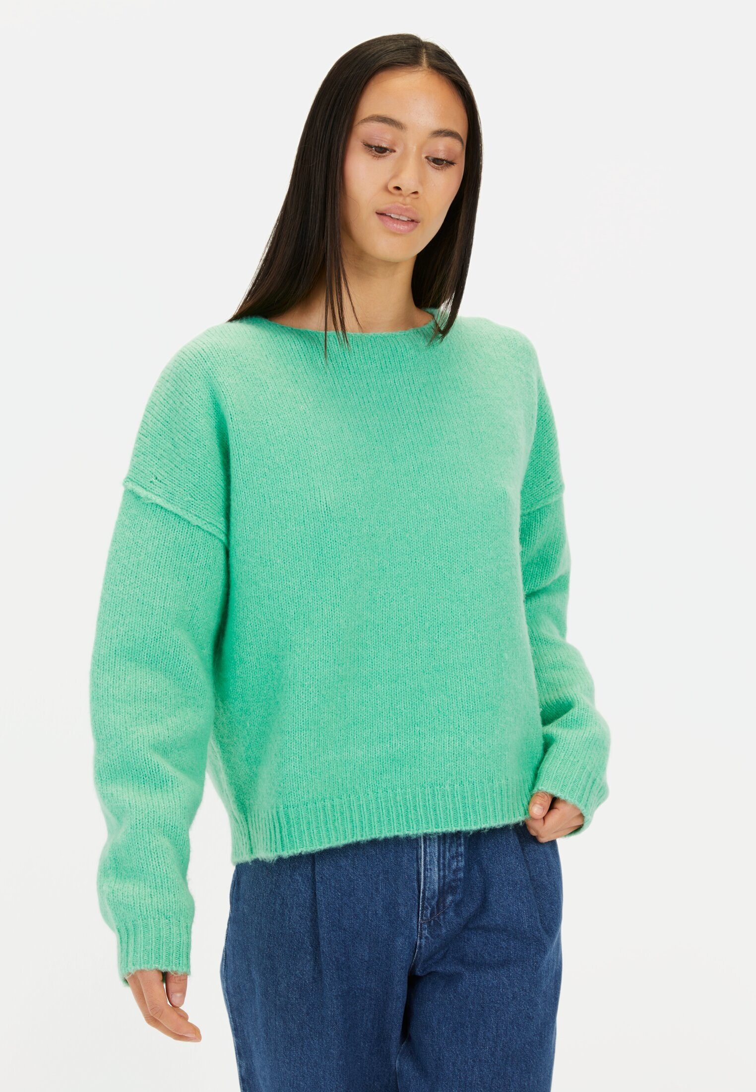 camel active Strickpullover aus einem Wollmix Langarm Rundhals Markenlogo günstig online kaufen