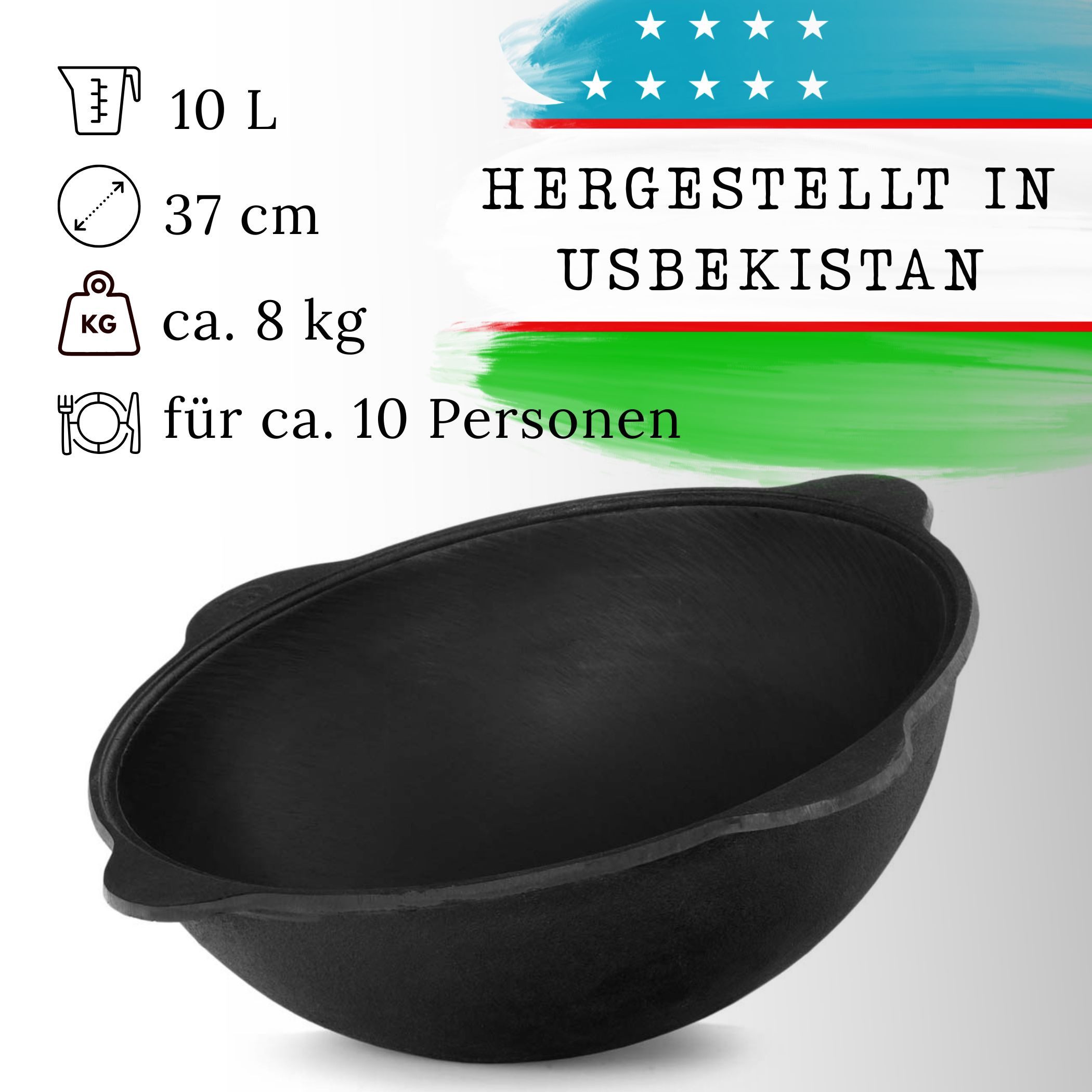 BIG-PAN Feuertopf Original Usbekischer Kasan 10 L Gusseisen Aluminium-Deckel Dutch Oven, Gusseisen (inkl. Schöpfkelle Schaumlöffel, Uzbekischer Kessel Namangan), asiatischer Topf für Plov Wok Eintöpfe