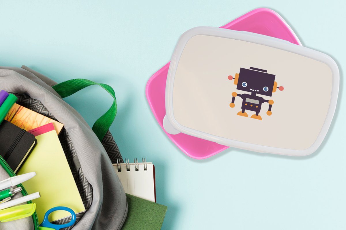 MuchoWow Lunchbox Beige Mädchen, Kind - - Roboter Erwachsene, rosa Snackbox, Brotdose Brotbox Kunststoff Antenne Kinder, Orange - für - (2-tlg), - Kunststoff, Kinder