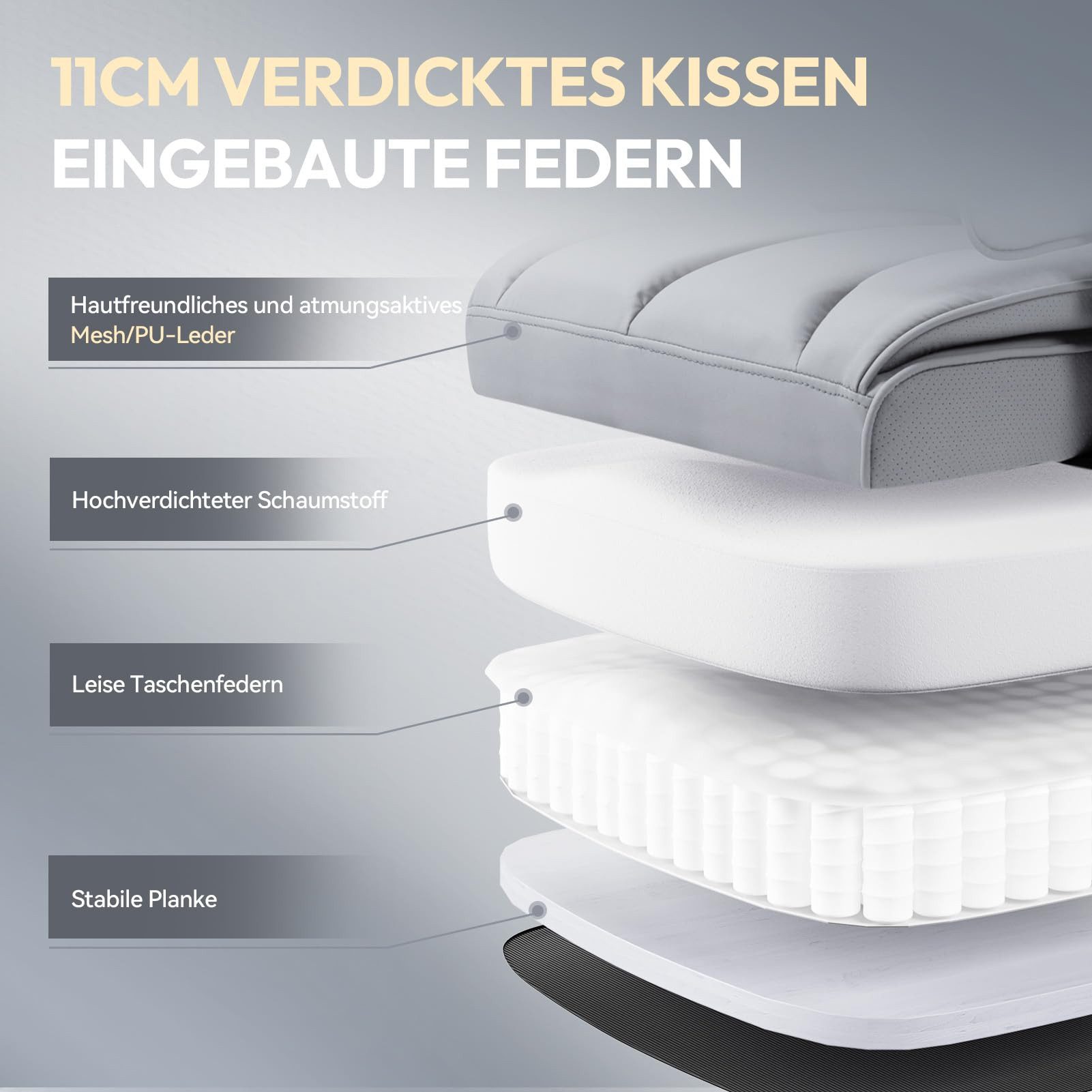Dowinx Gaming-Stuhl Bürostuhl Ergonomisch mit Taschenfeder-Kissen (Packung), Chefsessel mit weiche Rückenlehne und verstellbare Lendenkissen – Bild 3 von 5