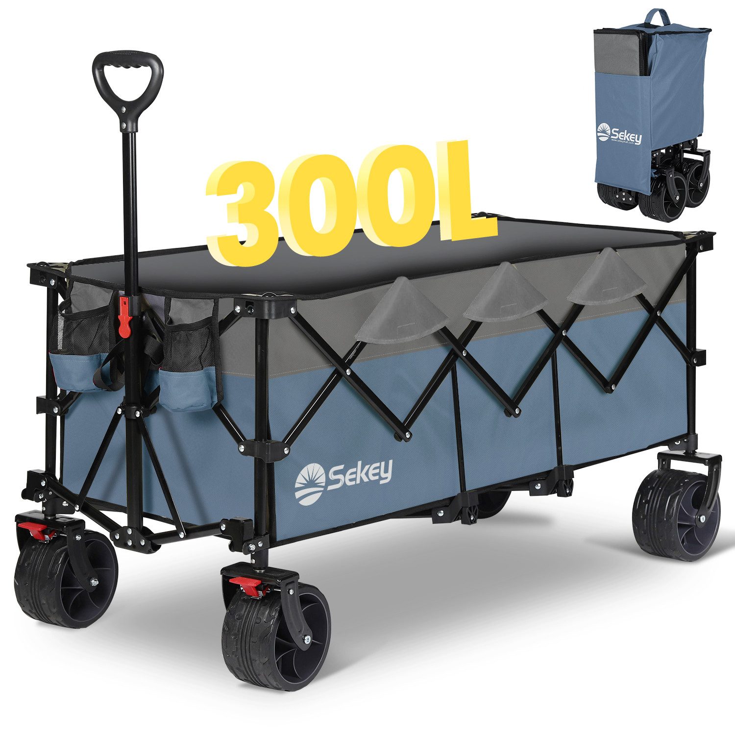 Sekey Bollerwagen Faltbar Handwagen Klappbar Transportwagen XXXL Superlang, 300L, 200KG, Alle-Terrain Reifen, Ultrakompakt Faltbar & mit Bremsen