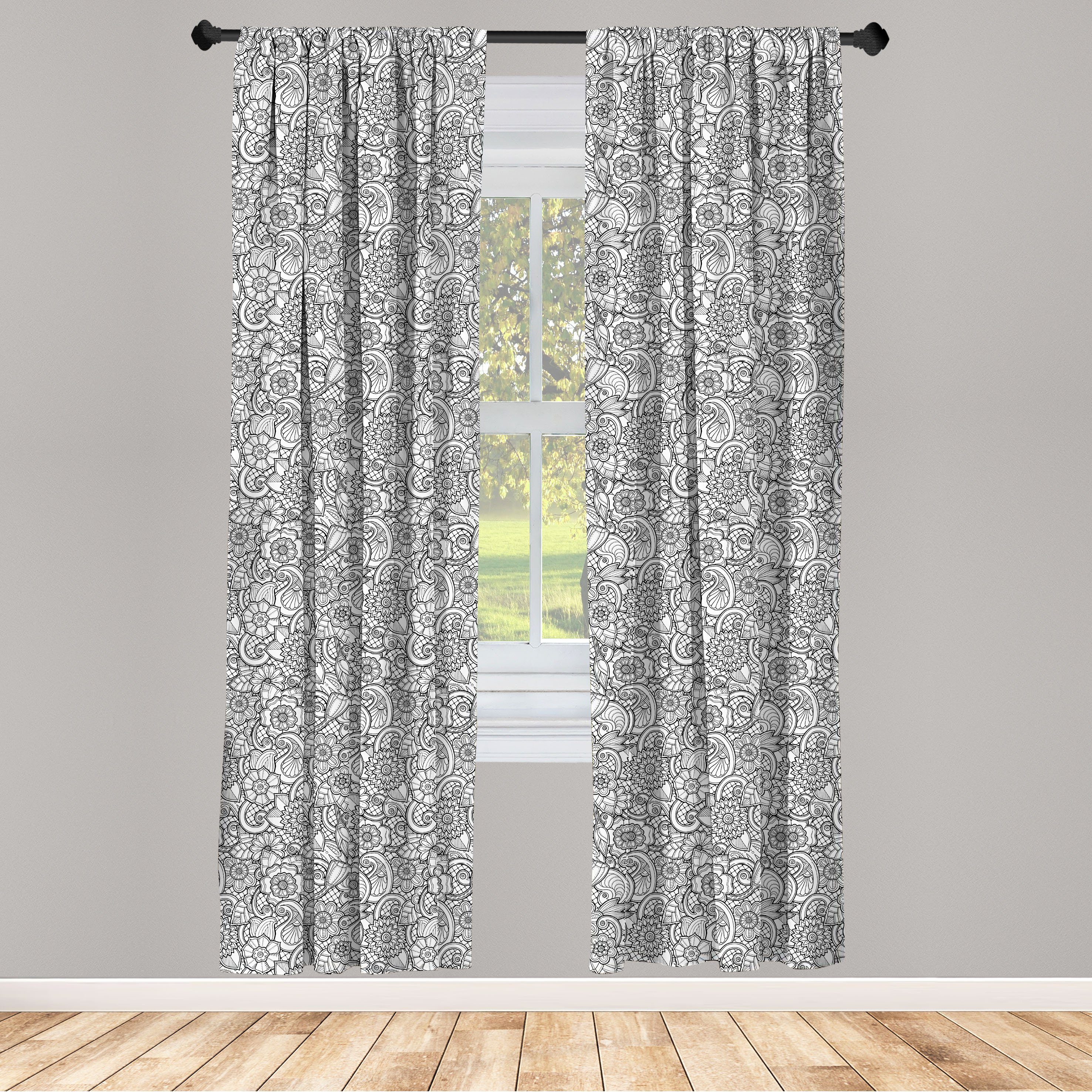 Gardine Vorhang für Wohnzimmer Schlafzimmer Dekor, Abakuhaus, Microfaser, Schwarz und weiß Blumen Paisleys