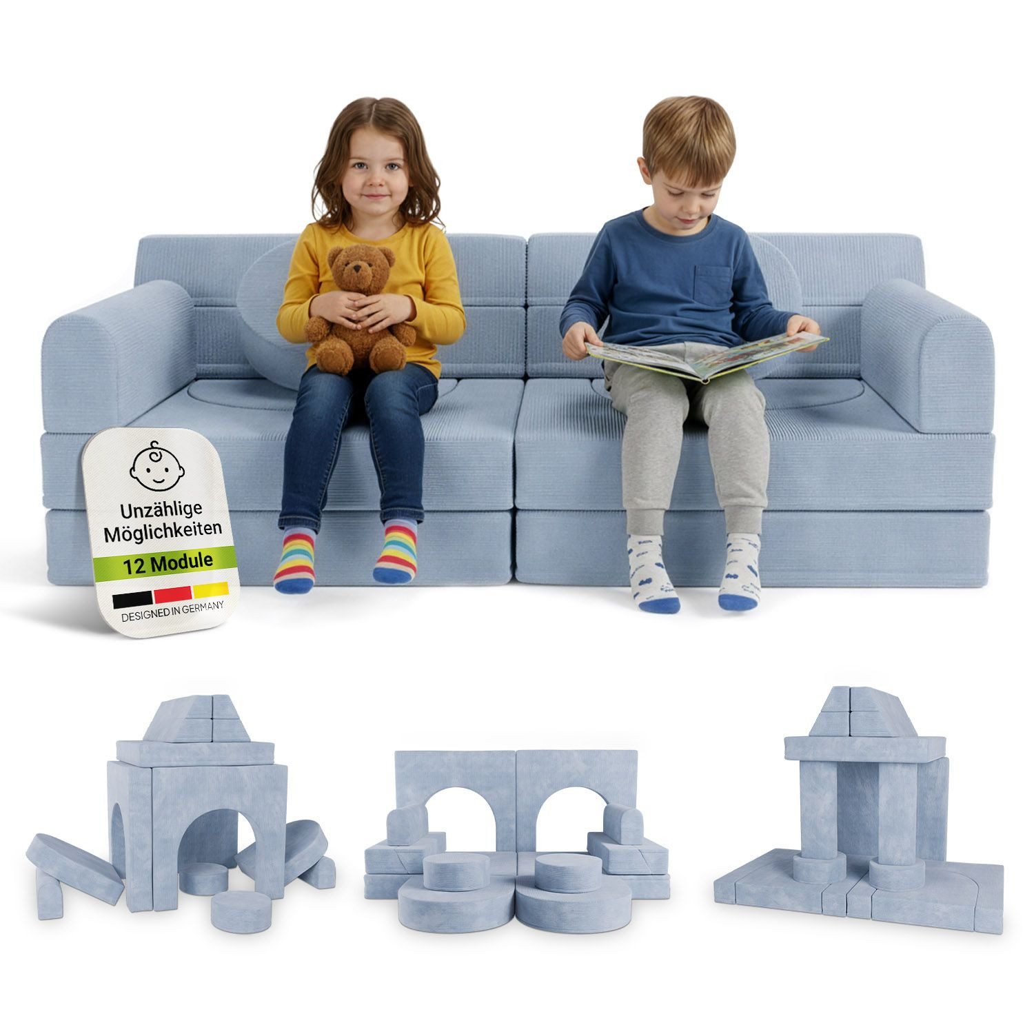 Juskys Kindersofa Kayo, 12 Teile, Modulares Spielsofa, Waschbare Cord-Bezüge, 12-teiliges Set mit Kissen