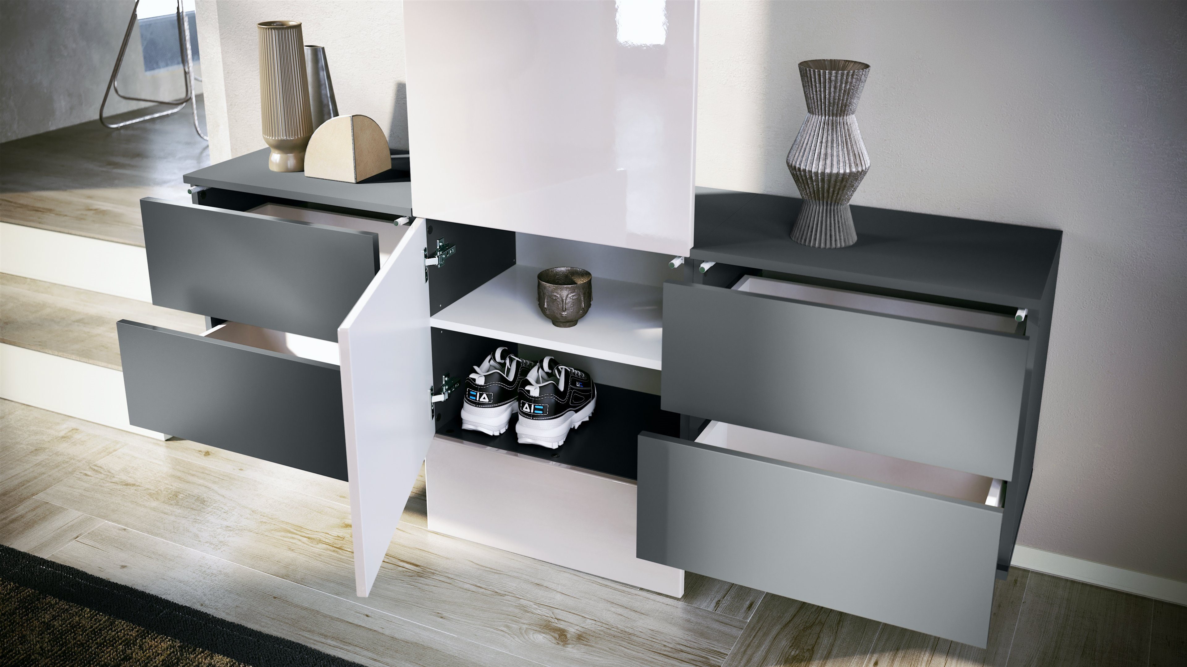 Vladon Garderoben-Set Carlton Set 3, (Wandgarderobe bestehend aus, 1 Paneel und 2 Schubkastenschränke), Anthrazit matt/Eiche Ribbeck (157 x 193 x 35 cm)